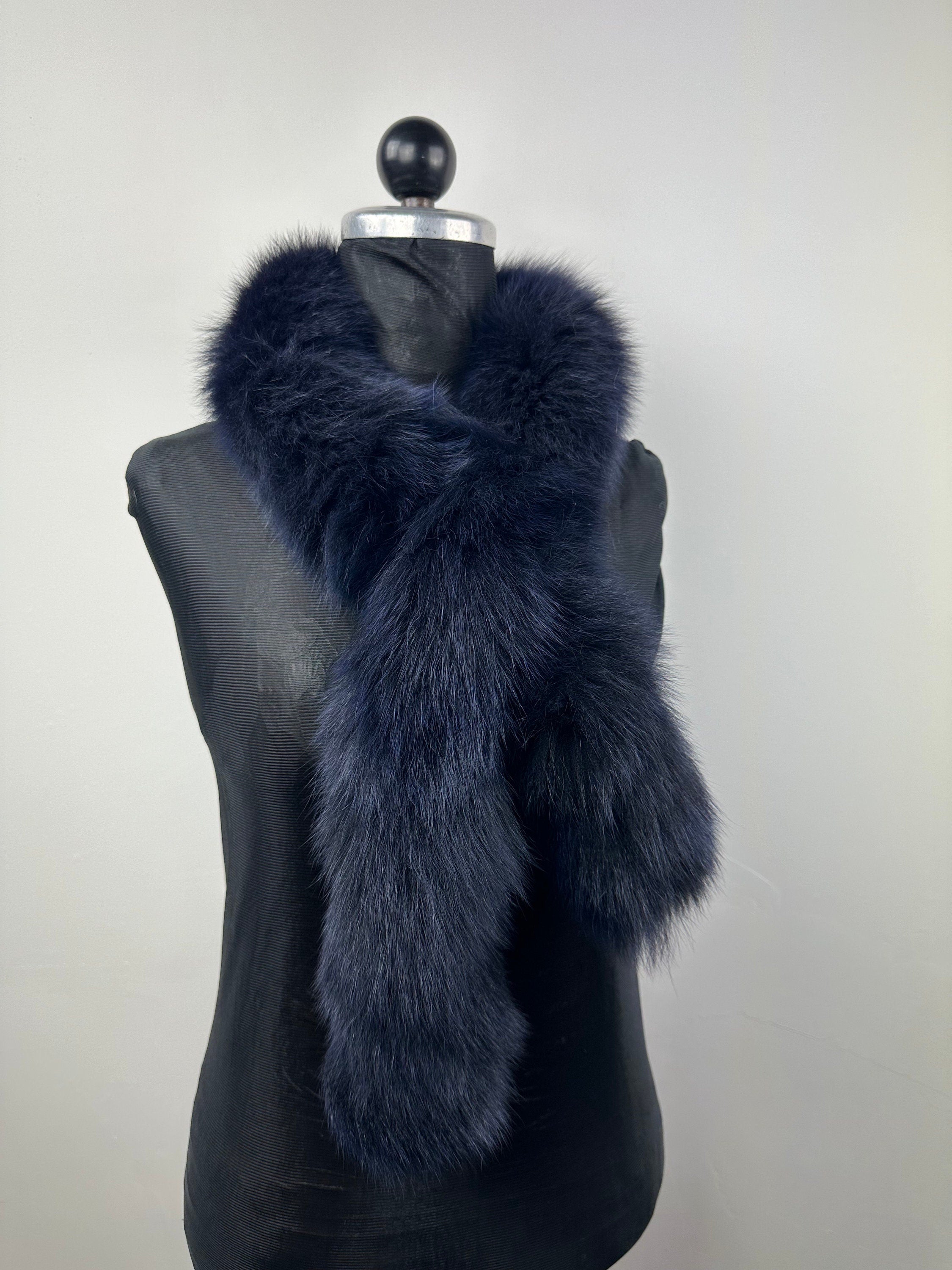 Blue Black Fox Fur Scarf: Handmade Genuine Fur, Luxury Neck Wrap