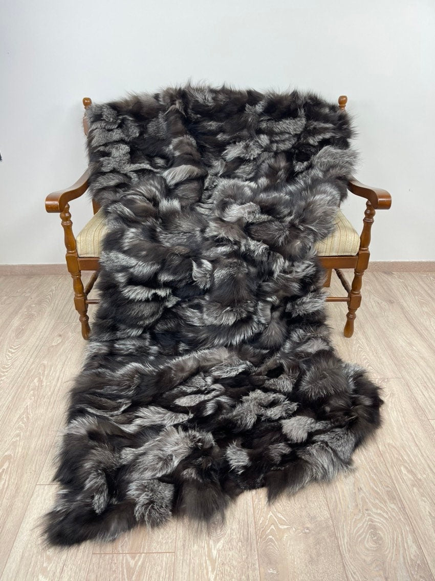 Silver Fox Fur Blanket – Real Fur Throw, Handmade in Greece, Luxury Fur Blanket