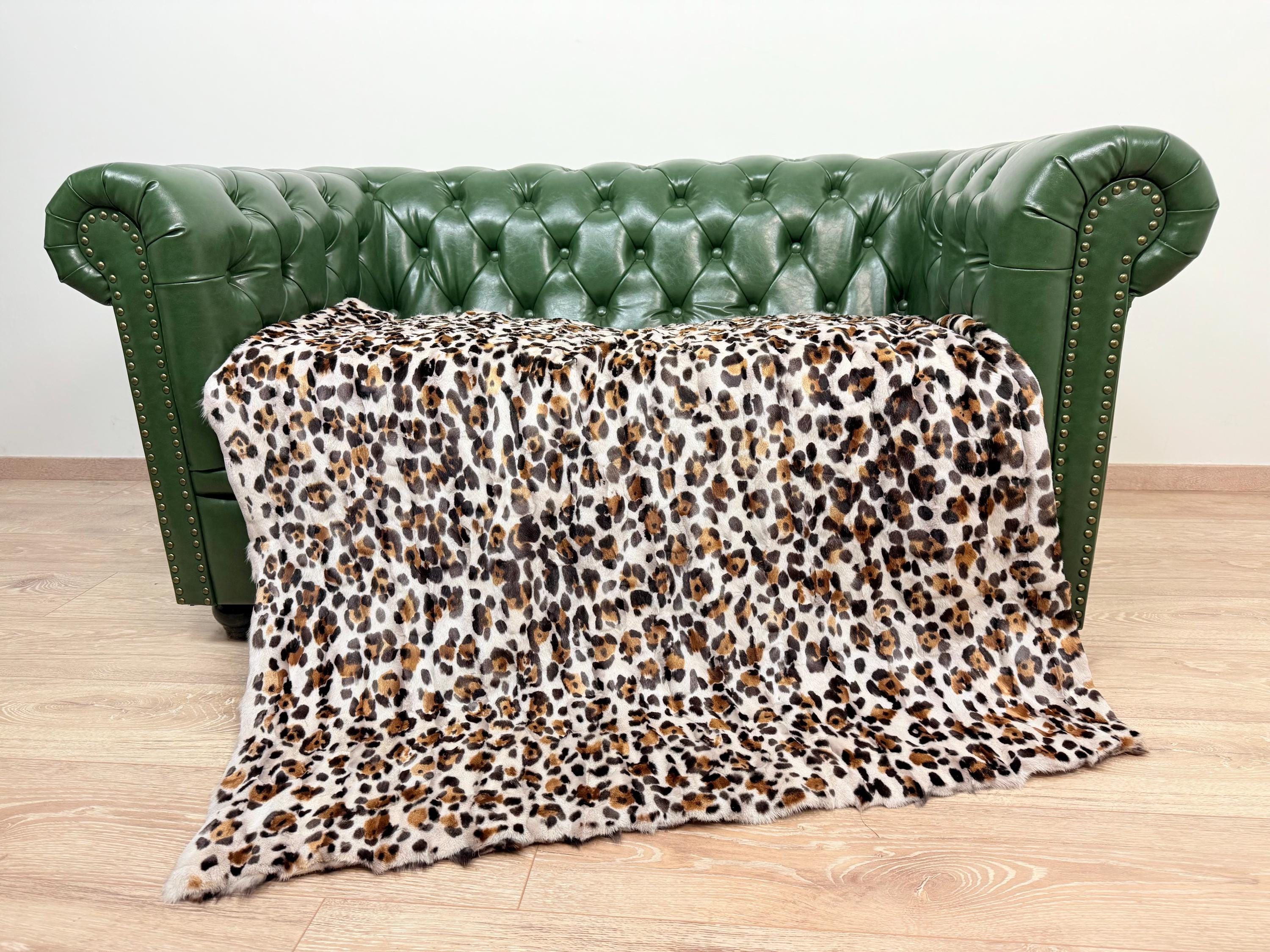 Luxury Fox Fur Blanket: White Leopard Print Throw, Handmade
