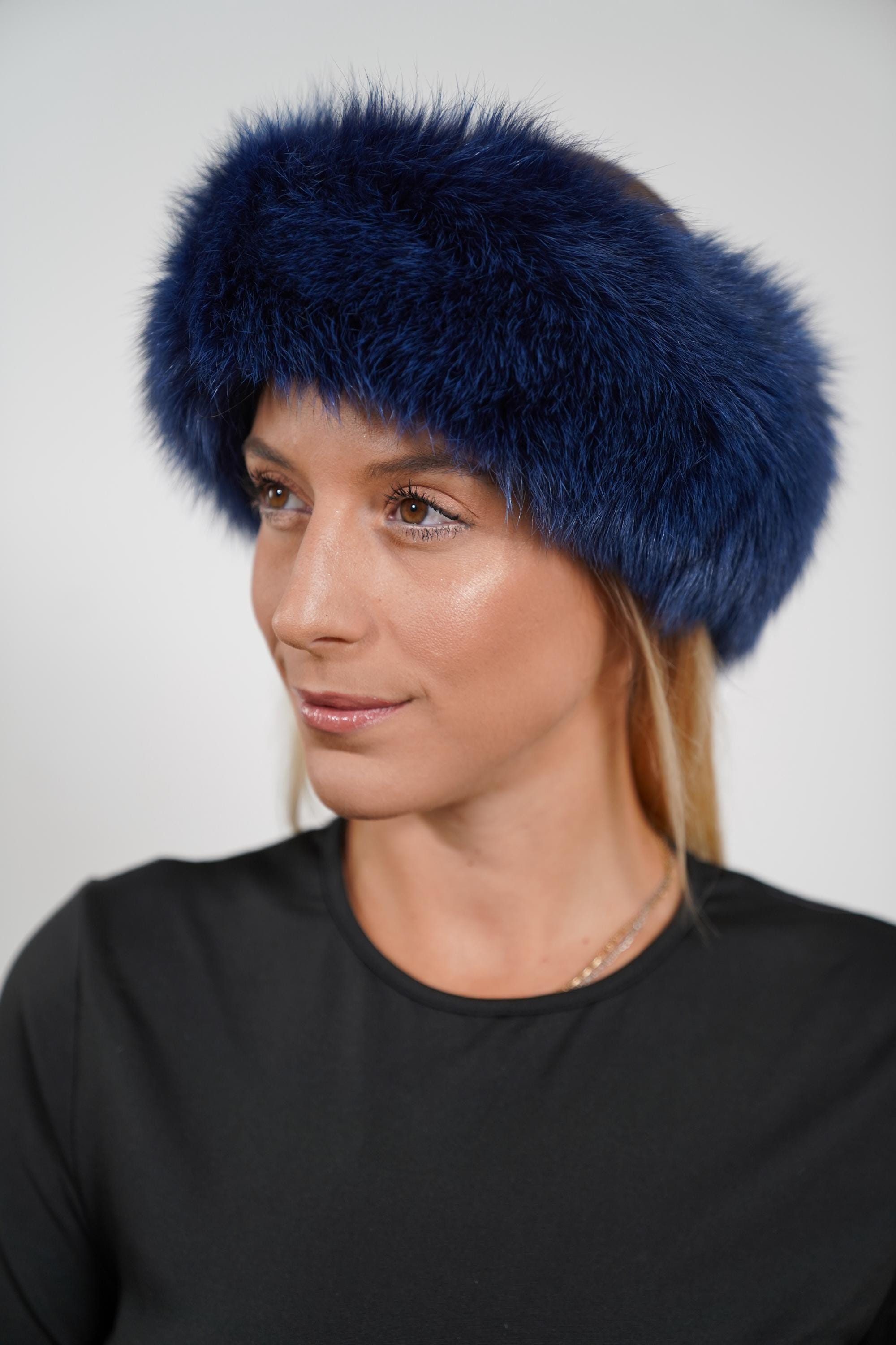 Luxury Blue Fur Headband: Warm Fluffy Fur Fox Head Band