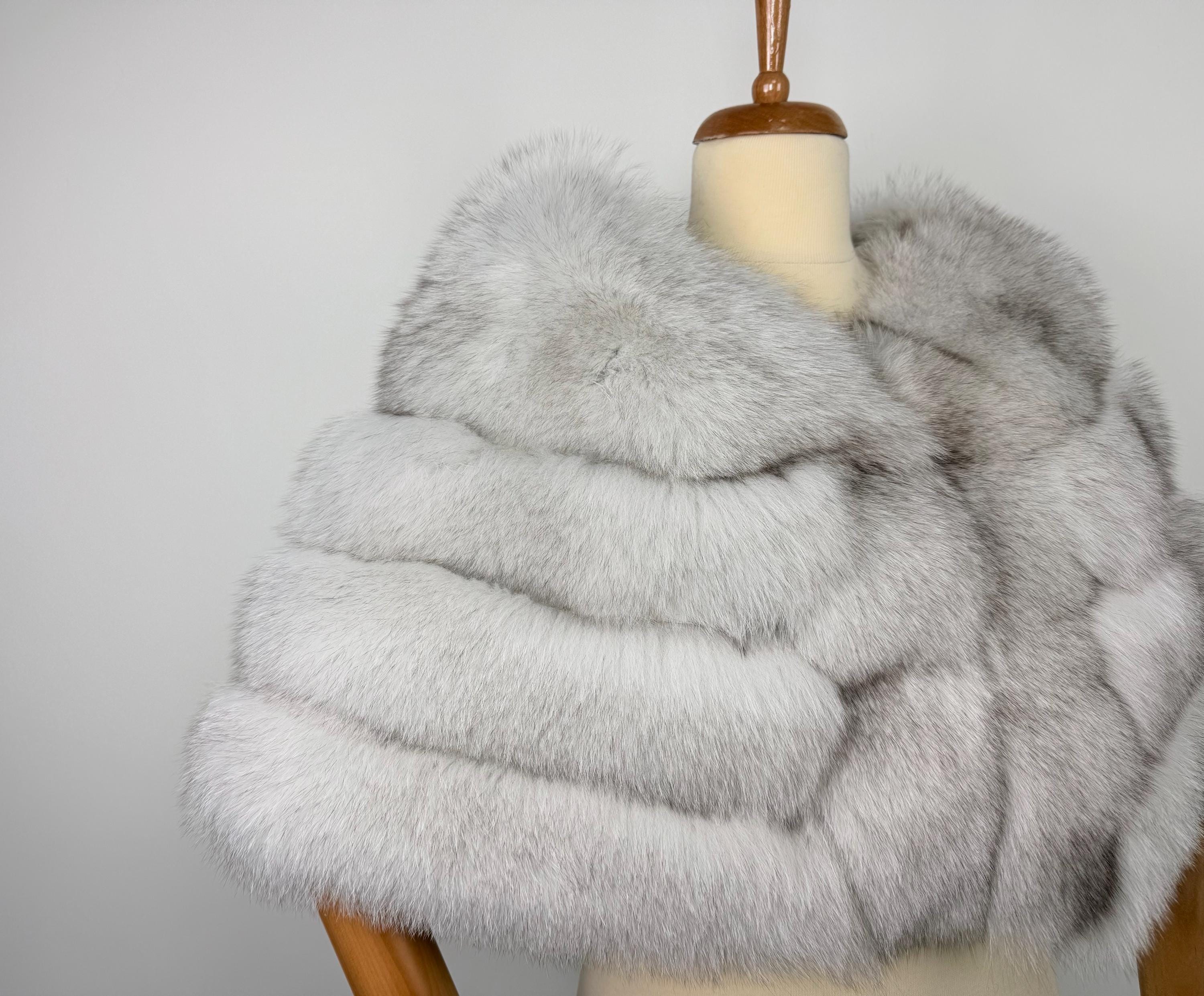 Luxury Blue Fox Fur Stole: Real Ice White Fur Bridal Shawl