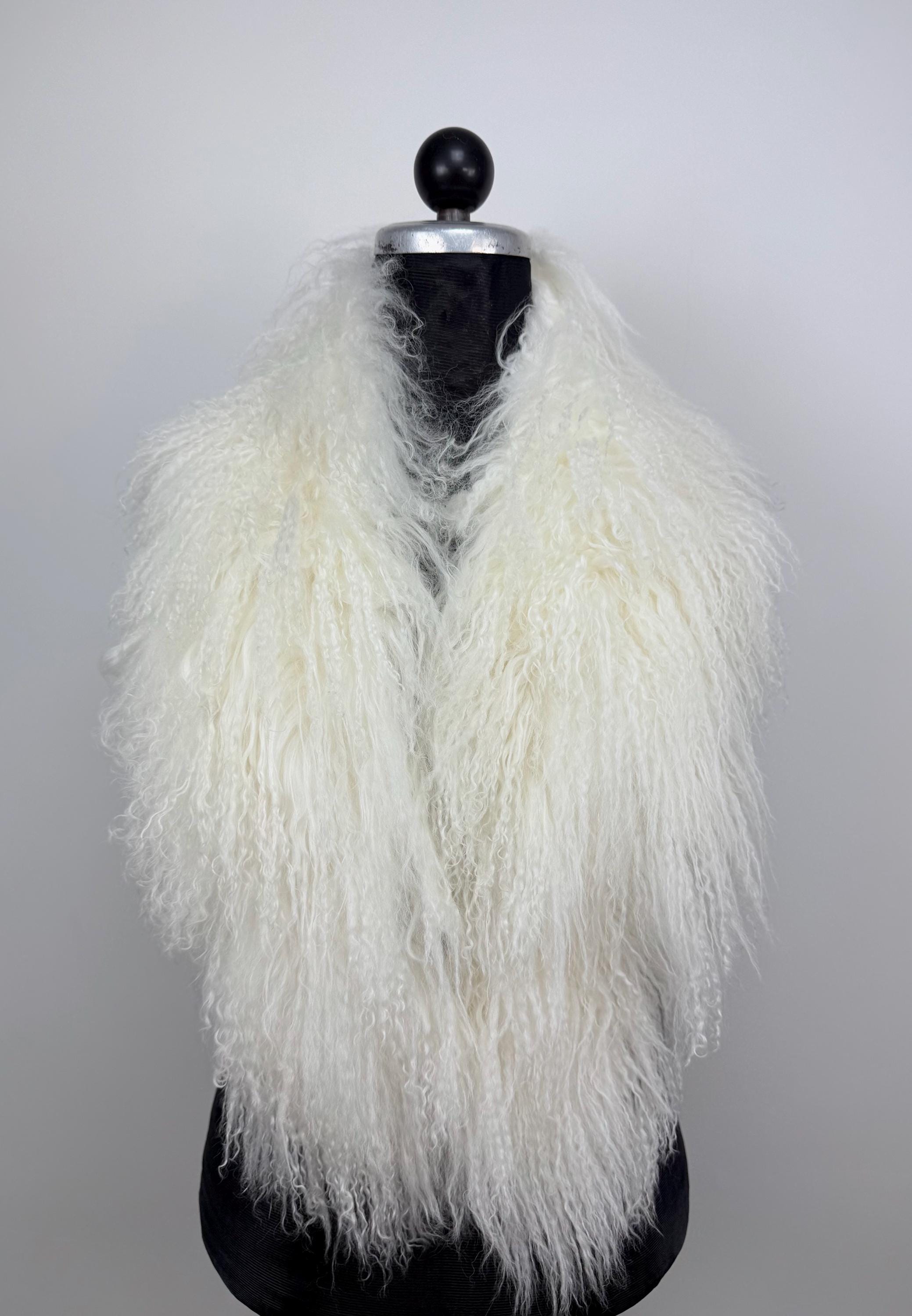White Mongolian Sheepskin Fur Extra Long Size Collar: Luxury Bridal Fur Stole Shawl