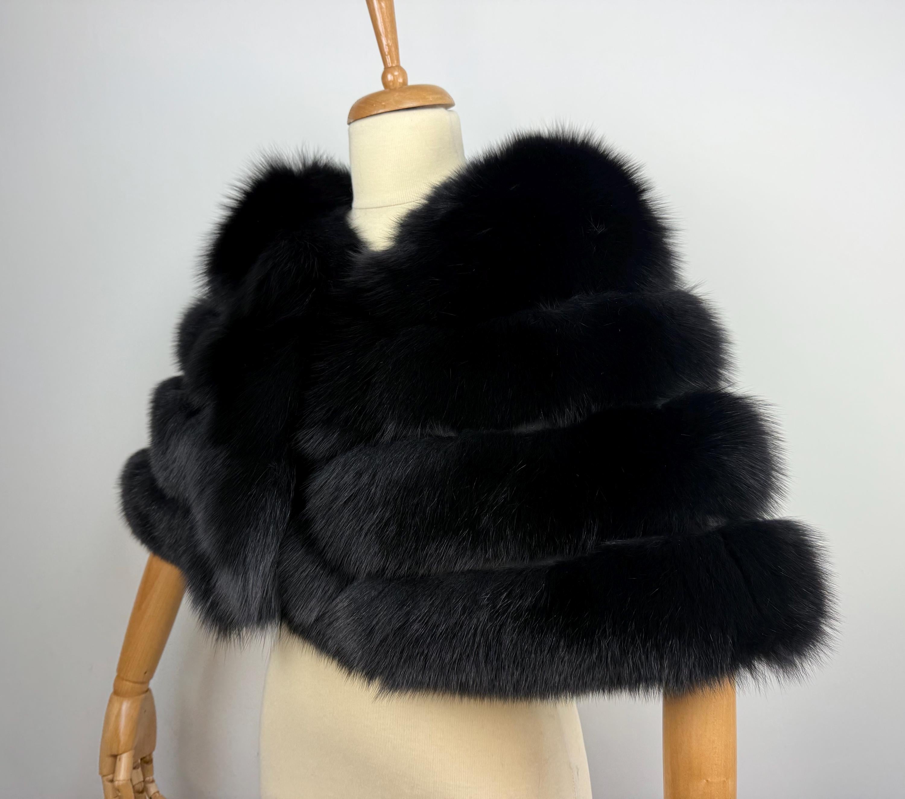Black Fox Fur Stole – Real Fur Formal Shawl, Handmade in Greece