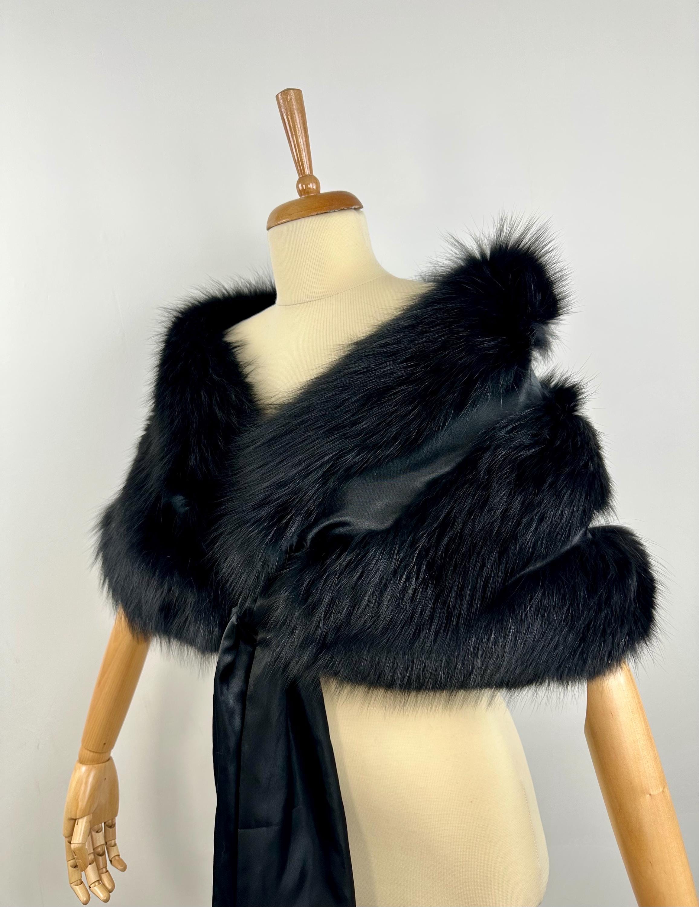 Black Fox Fur Shawl – Real Fur Wrap, Handmade in Greece, Luxury Evening Shawl