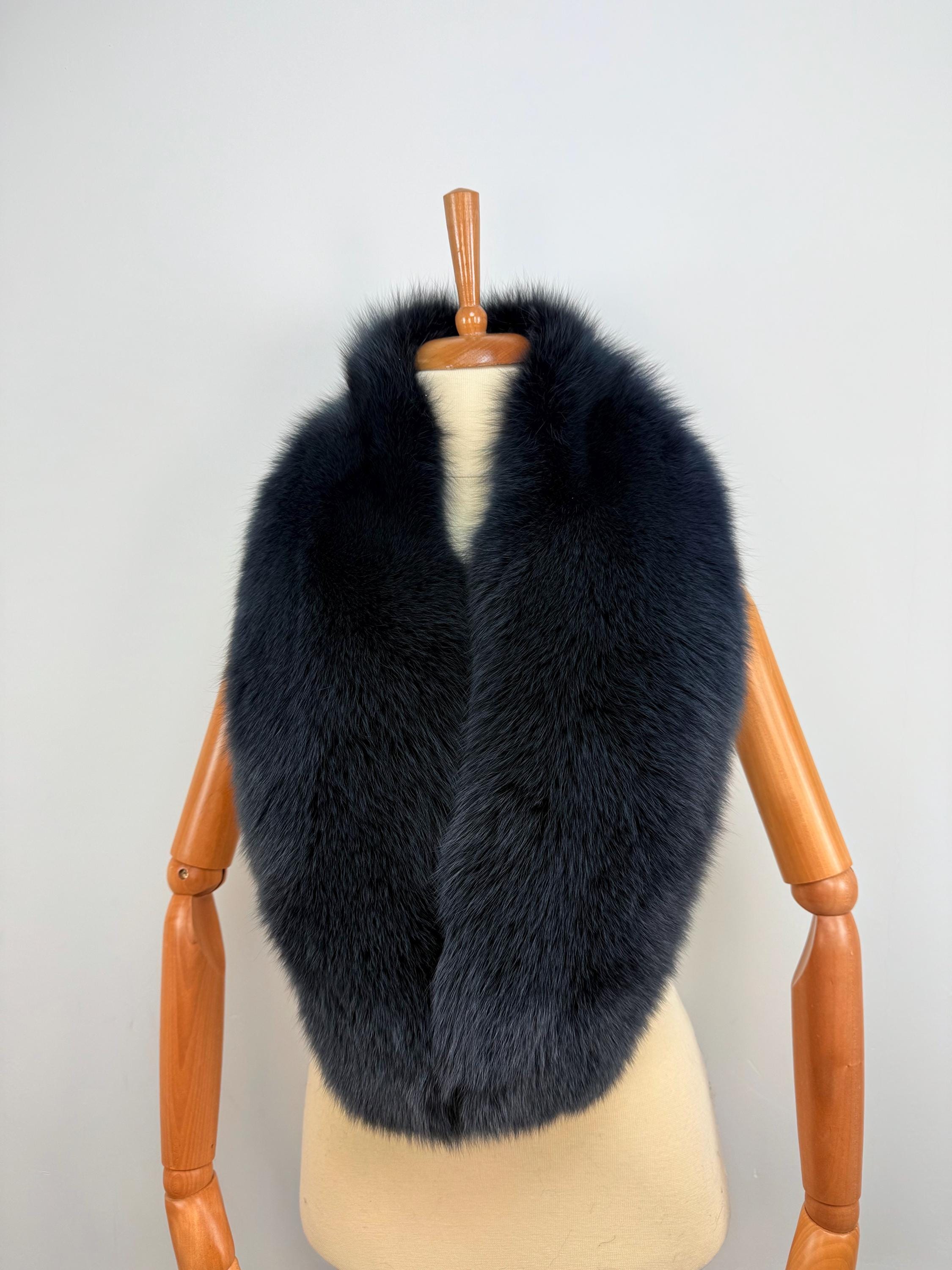 Midnight Blue Fox Fur Stole – Real Fur Wrap, Extra Long Luxury Fur, Handmade in Greece