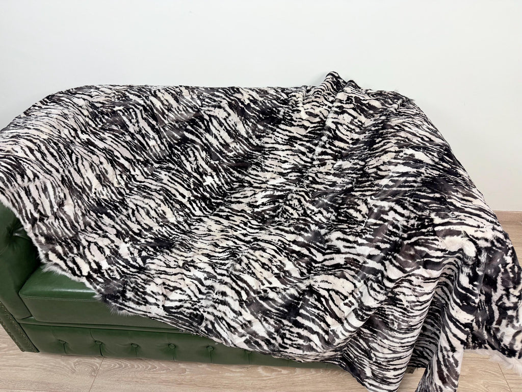 Luxury Fox Fur Throw: White Zebra Print, Handmade Exotic Home Decor