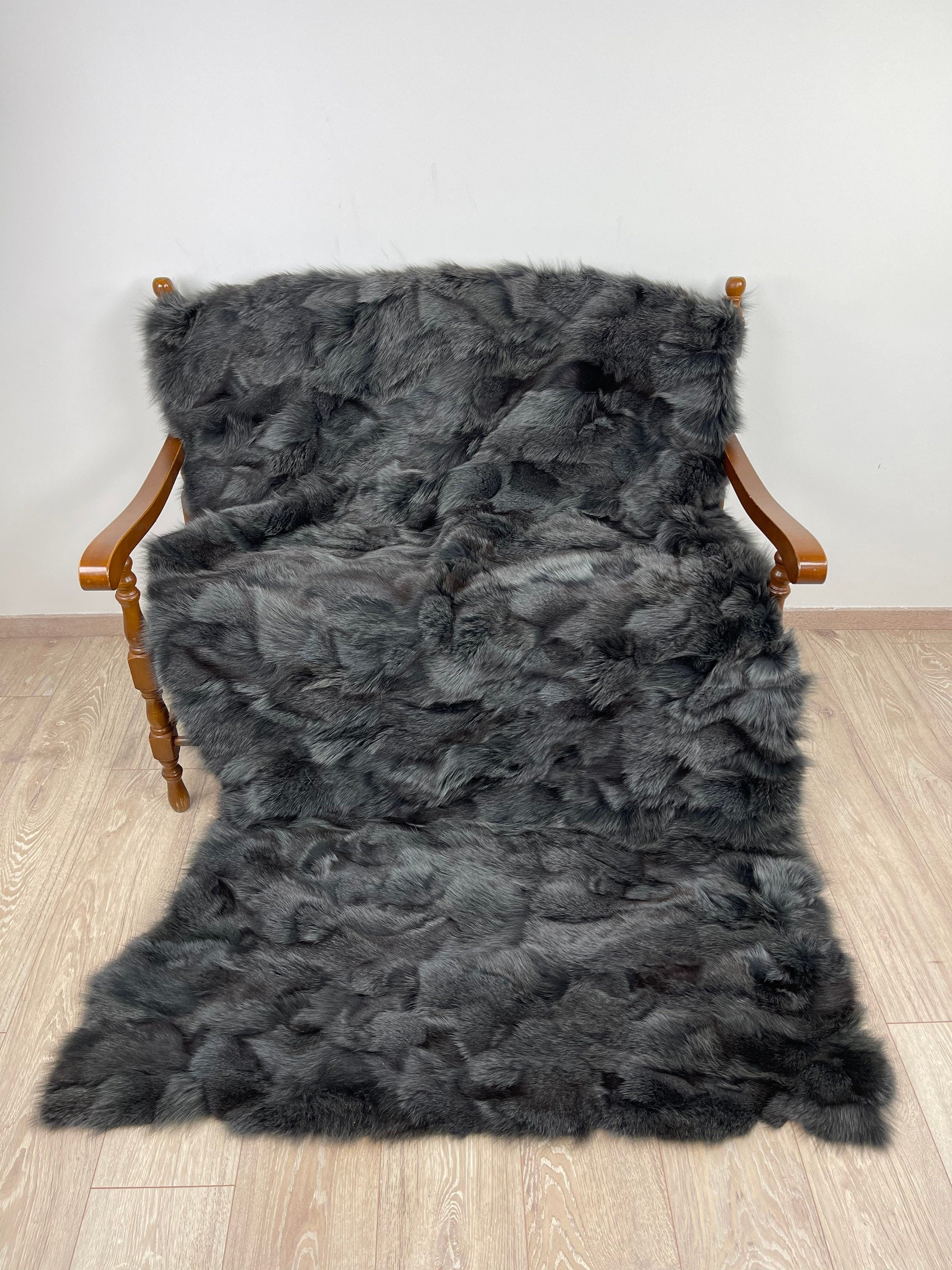Dark Gray Fox Fur Blanket – Real Fur Throw, Handmade in Greece, Luxury Fur Blanket