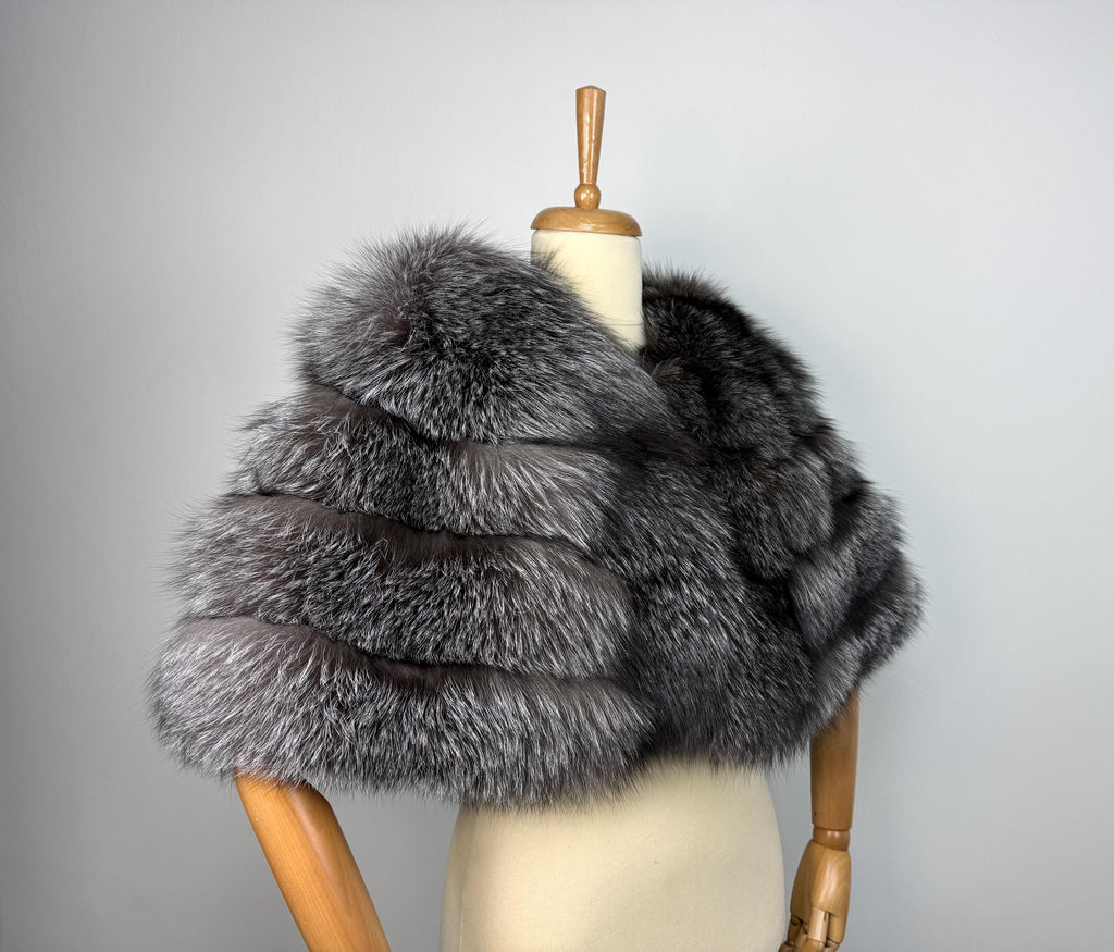 Frost Fox Fur Shawl – Real Fur Wrap, Handmade in Greece, Luxury Evening Shawl