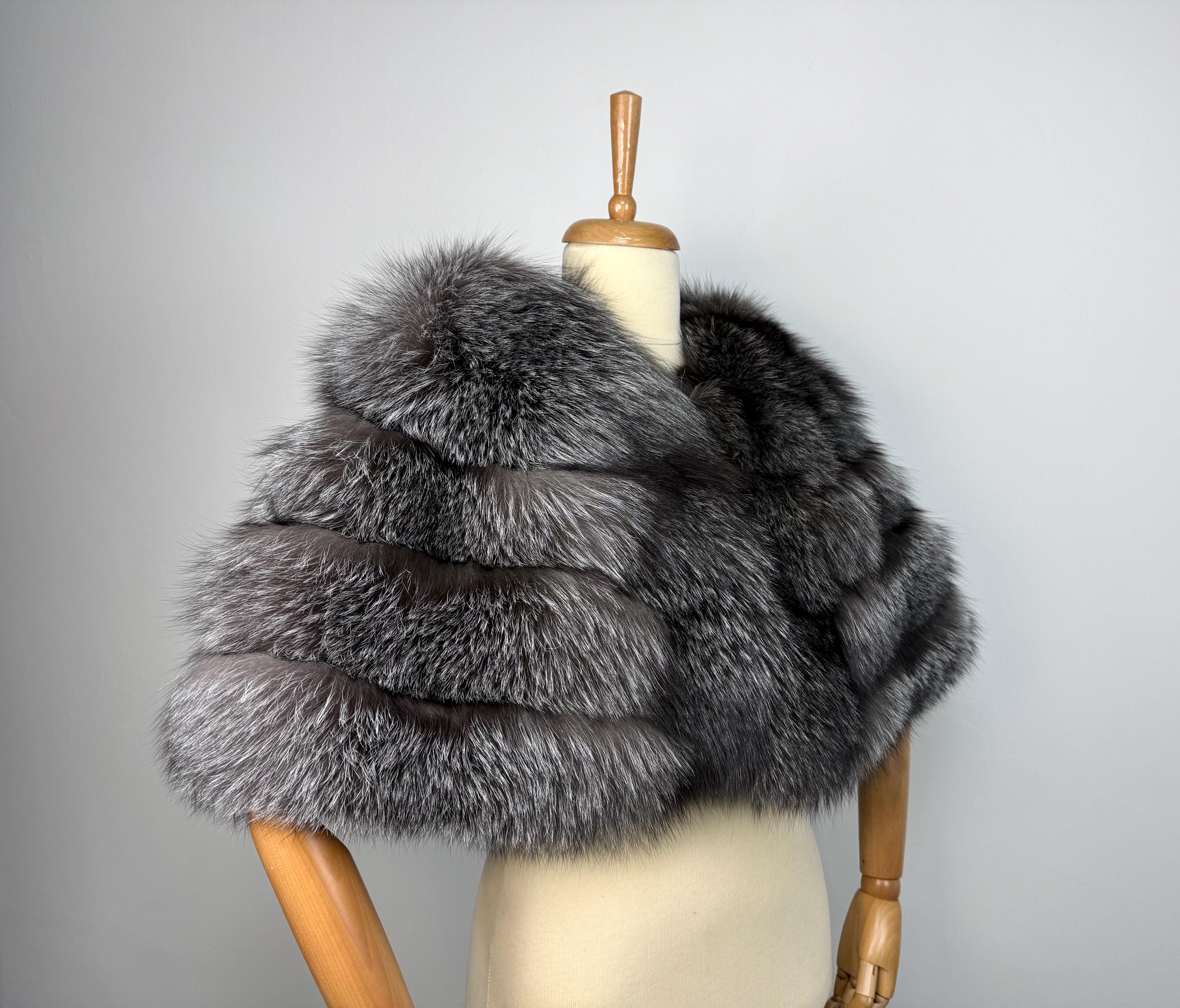 Frost Fox Fur Shawl – Real Fur Wrap, Handmade in Greece, Luxury Evening Shawl
