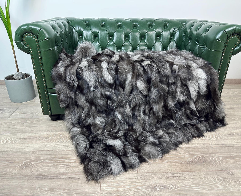 Luxury Silver Fox Fur Blanket: Handmade Real Fur Throw