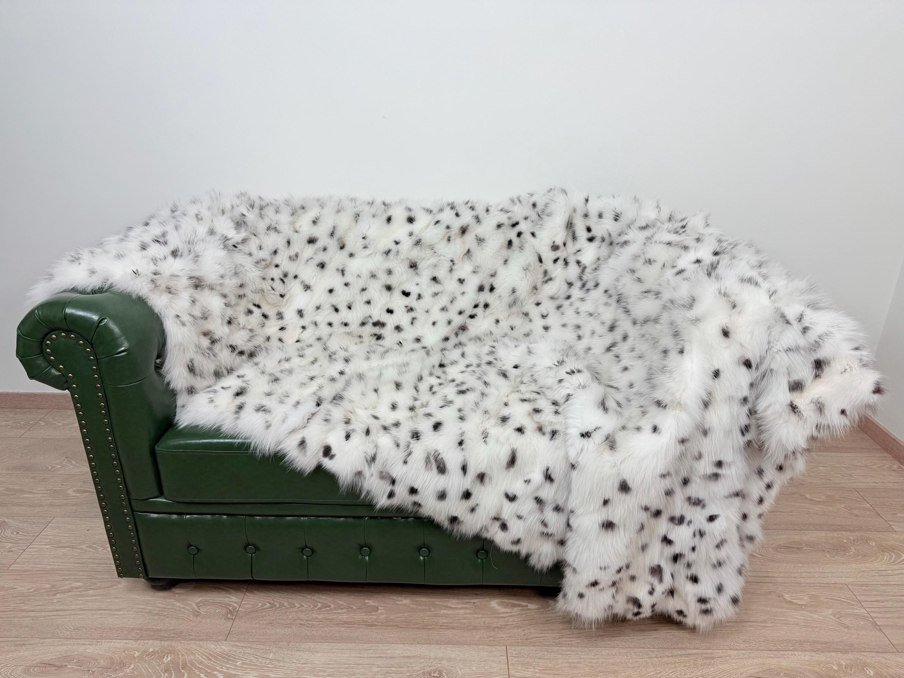 Luxury White Spotted Fox Fur Throw: Handmade Real Fur Blanket