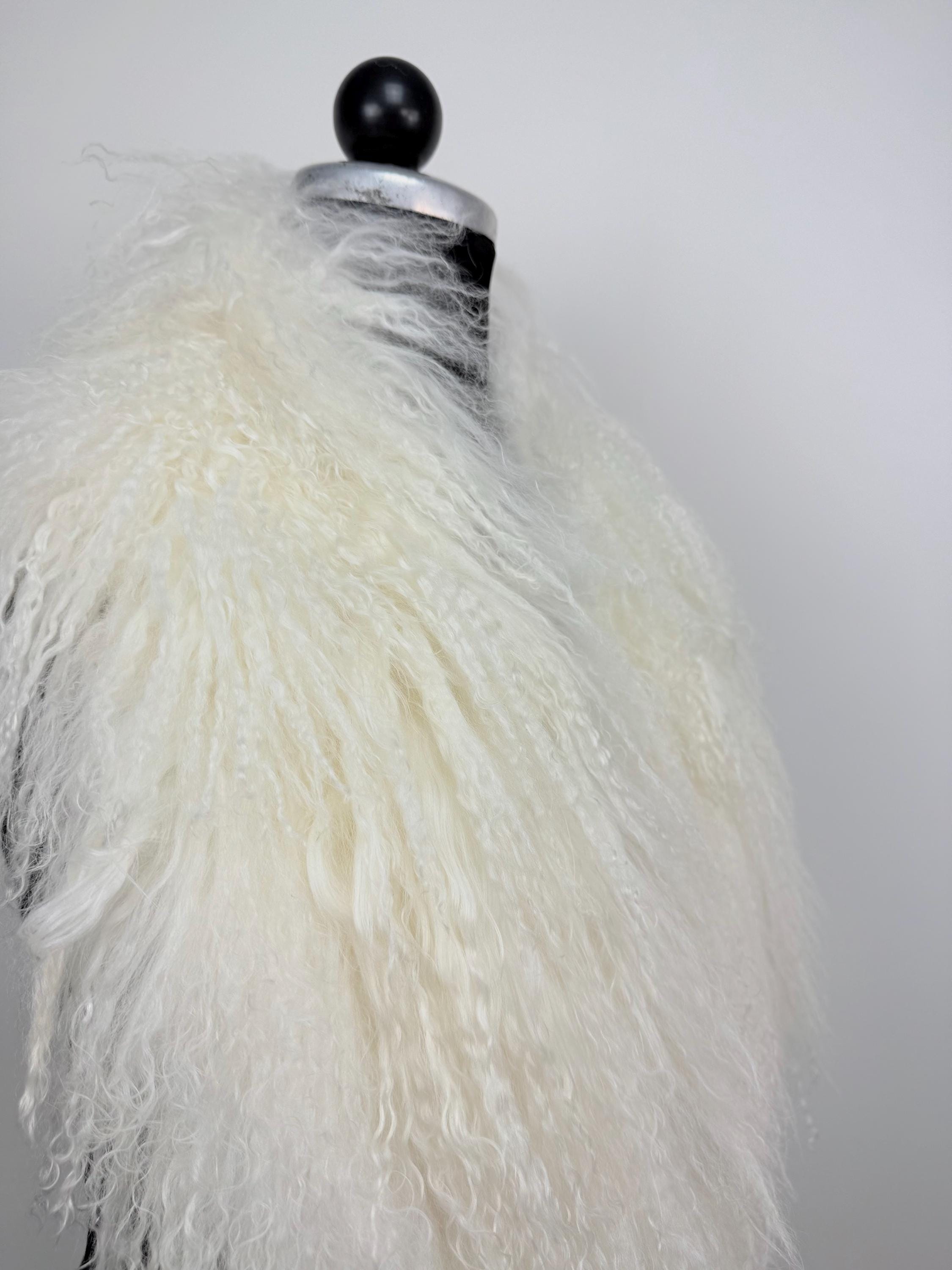 White Mongolian Sheepskin Fur Extra Long Size Collar: Luxury Bridal Fur Stole Shawl