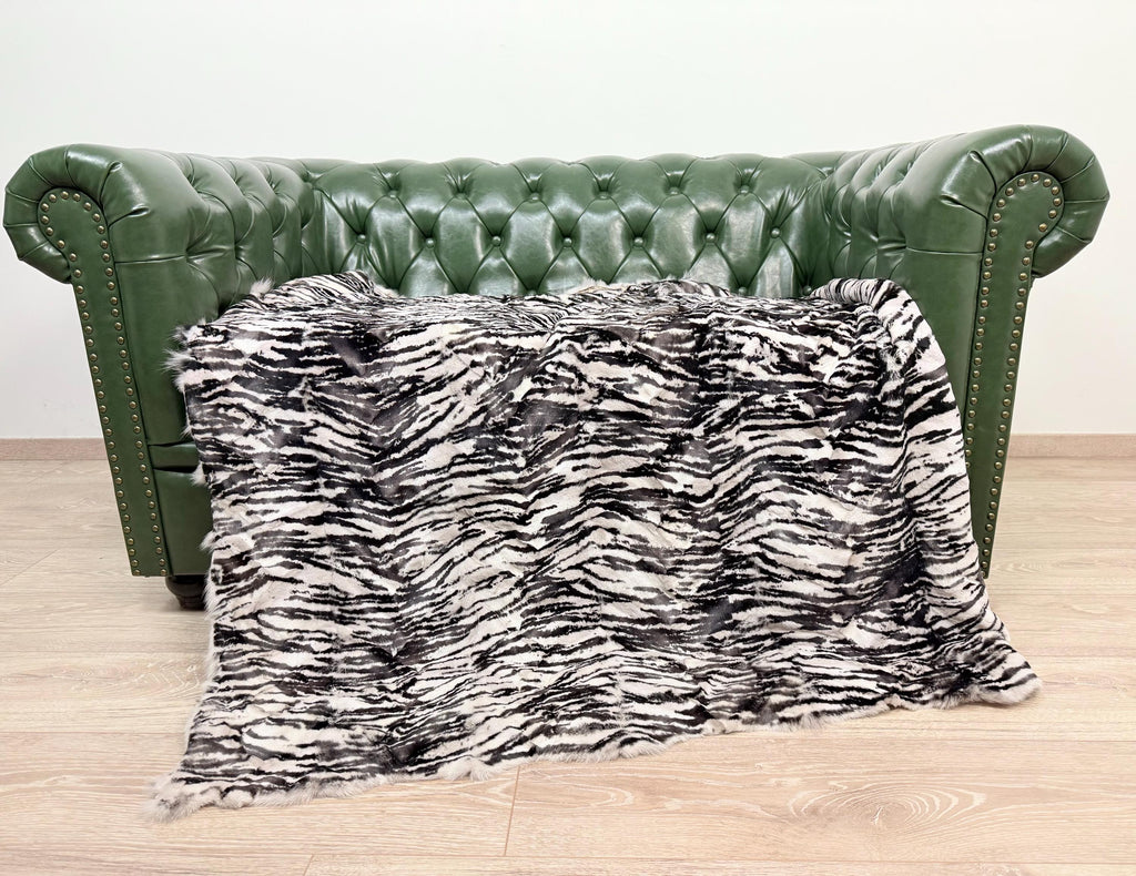 Luxury Fox Fur Throw: White Zebra Print, Handmade Exotic Home Decor
