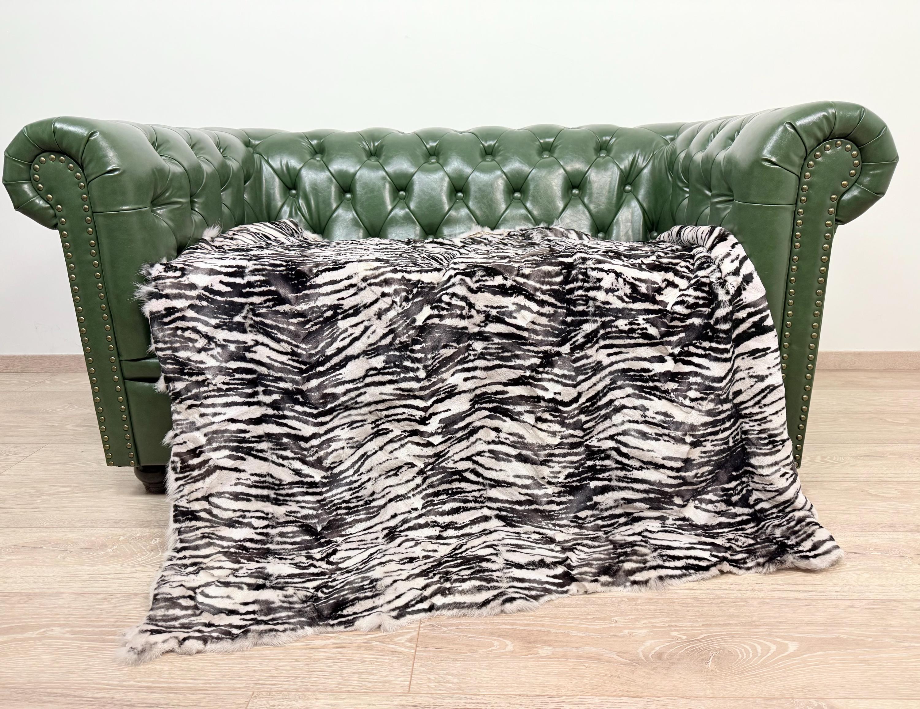 Luxury Fox Fur Throw: White Zebra Print, Handmade Exotic Home Decor