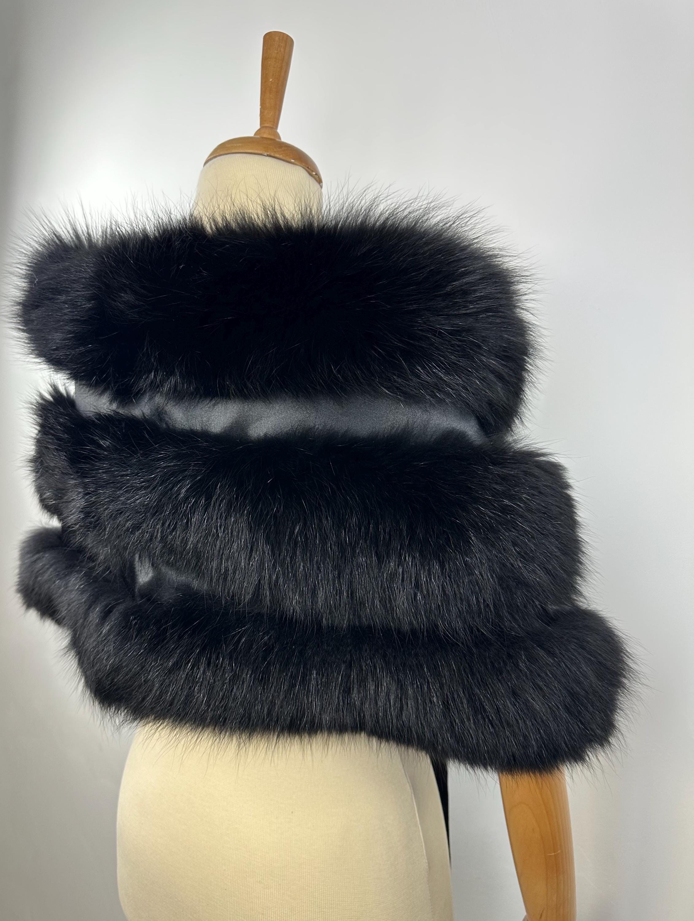 Black Fox Fur Stole: Handmade Real Fur Shawl