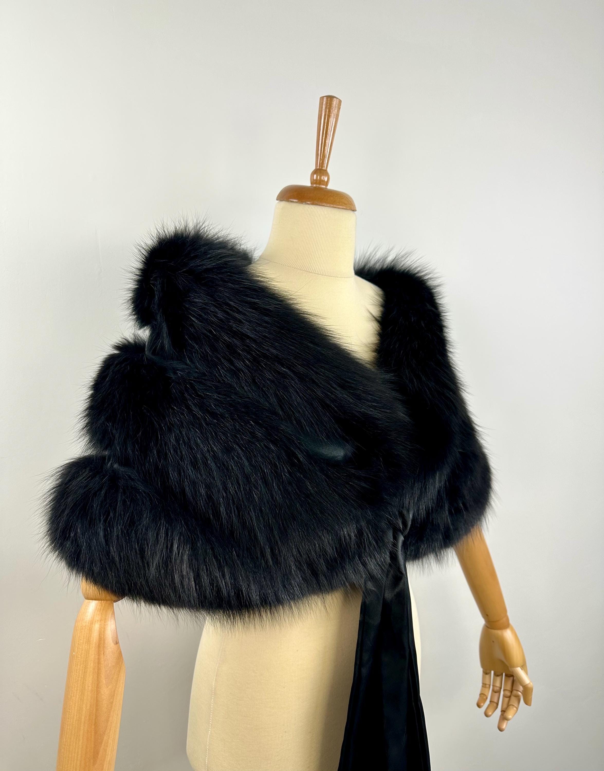 Black Fox Fur Shawl – Real Fur Wrap, Handmade in Greece, Luxury Evening Shawl