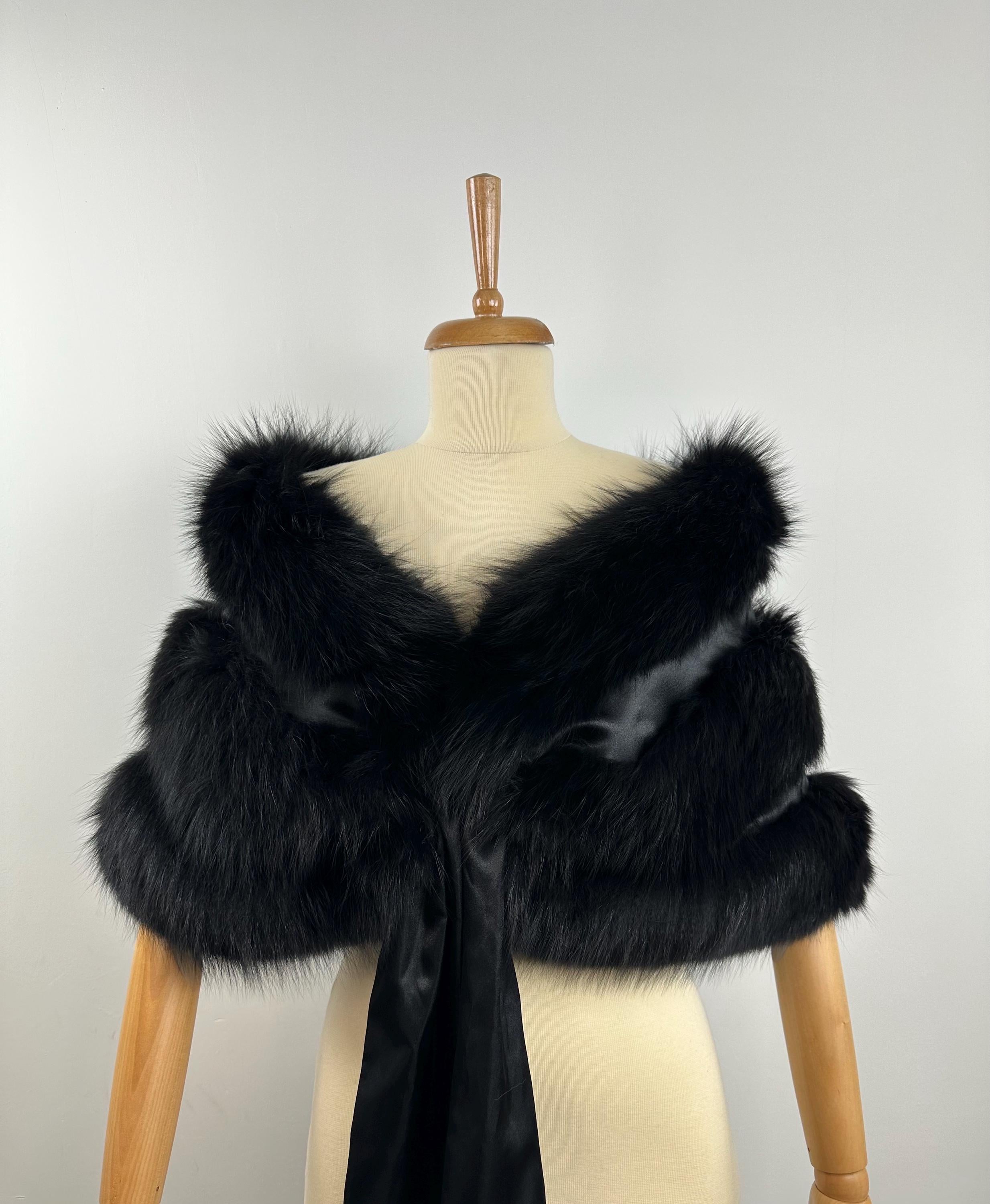 Black Fox Fur Stole: Handmade Real Fur Shawl