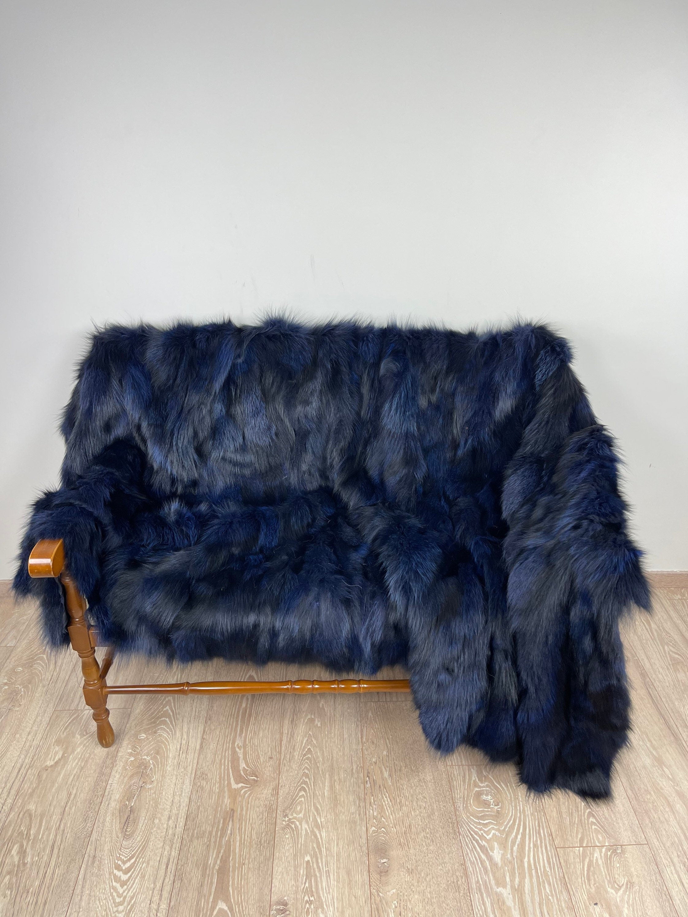 Premium Blue Fox Fur Blanket, Handmade Throw, Real Fur