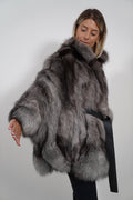 Luxury Silver Frost Fox Fur Cape: Real Fur Jacket Poncho with Belt