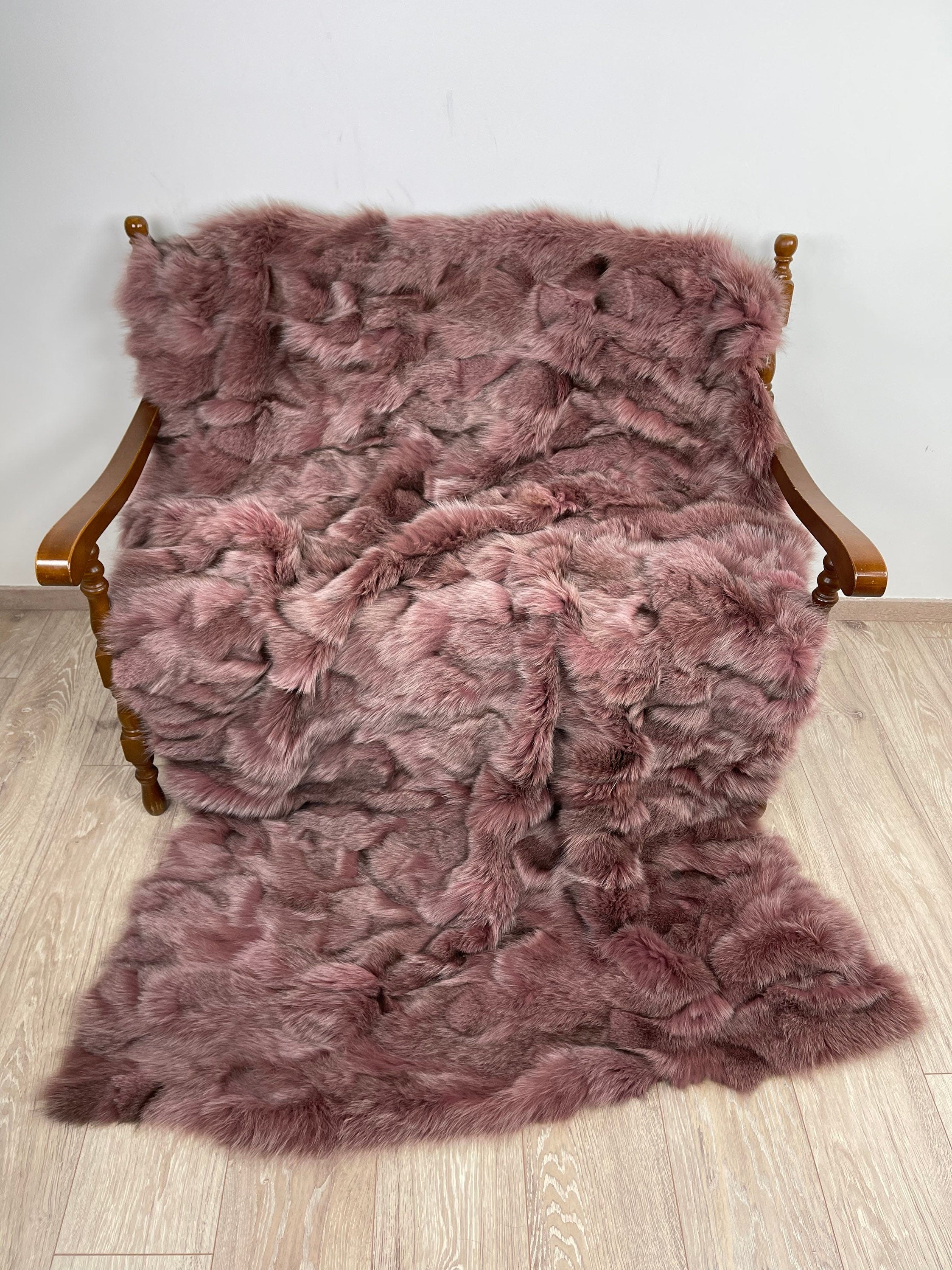 Dusty Rose Fox Fur Blanket – Real Fur Throw, Handmade in Greece, Luxury Fur Blanket