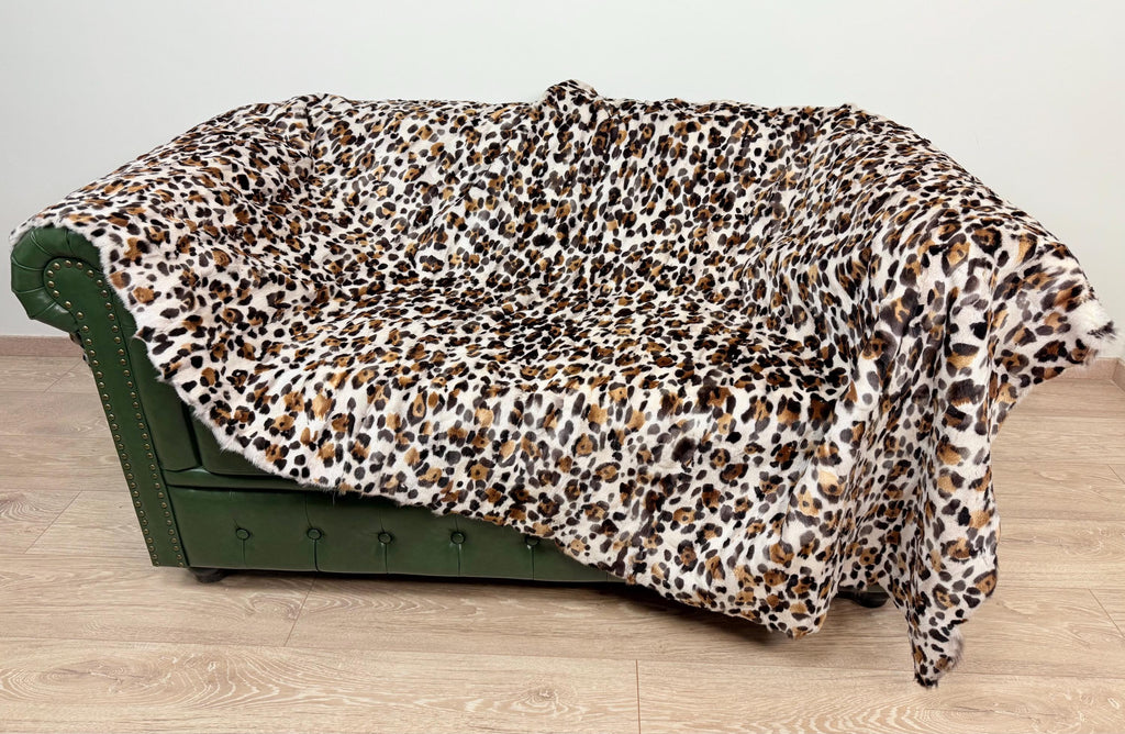 Luxury Fox Fur Blanket: White Leopard Print Throw, Handmade
