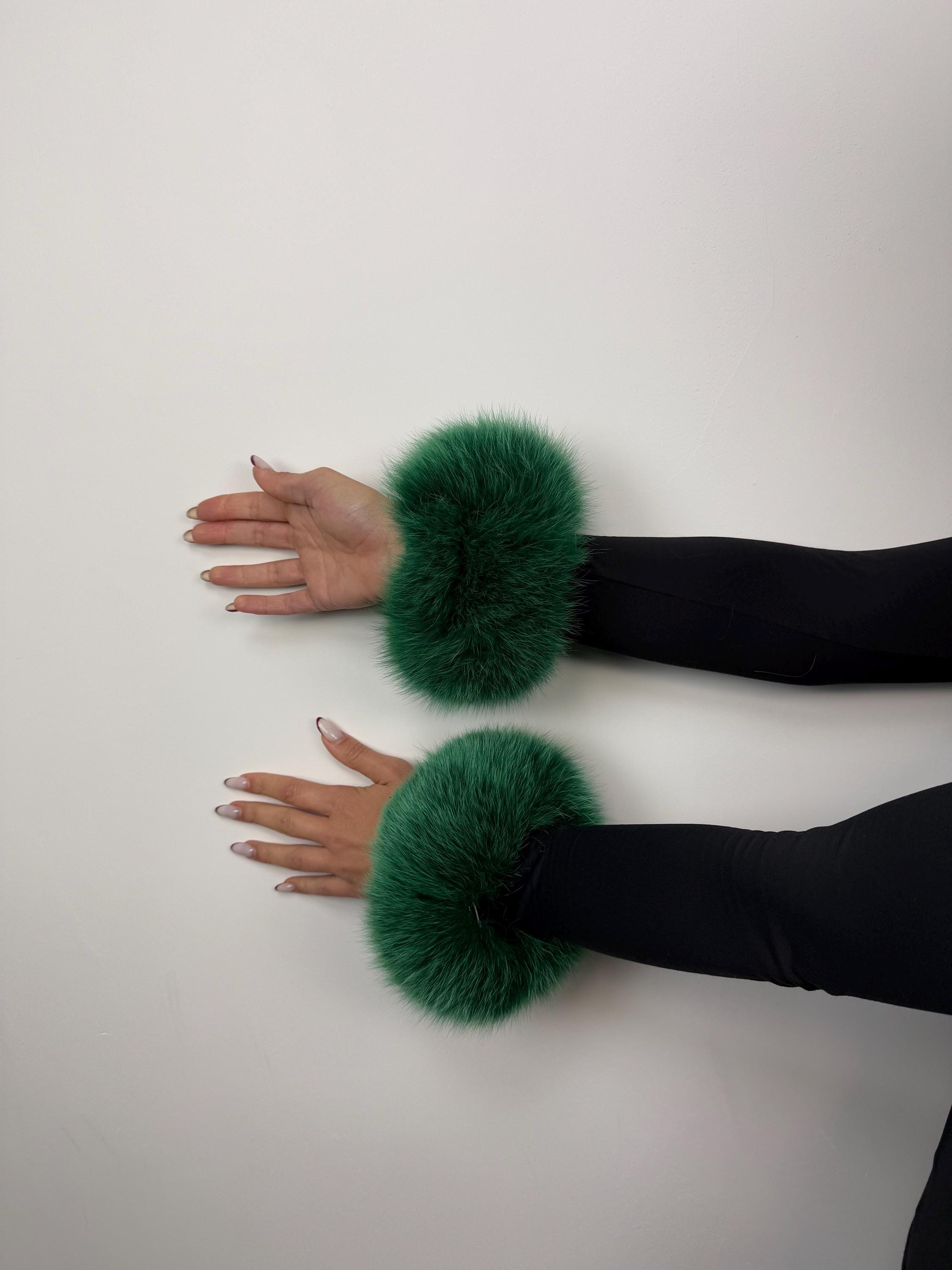 Green Fox Fur Cuffs: Fur Fluffy Wrist Warmers