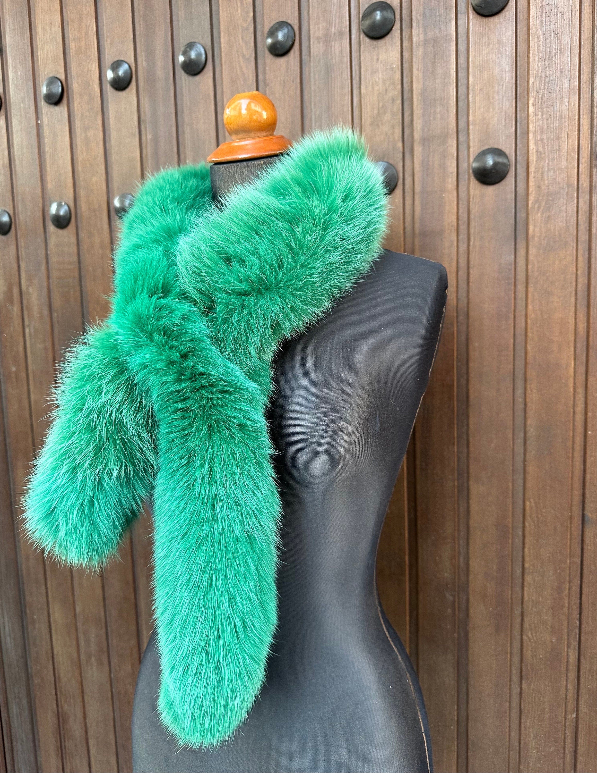 Green Fox Fur Scarf, Real Fur Scarf, Handmade Fur Scarf, Luxury Winter Scarf for Women