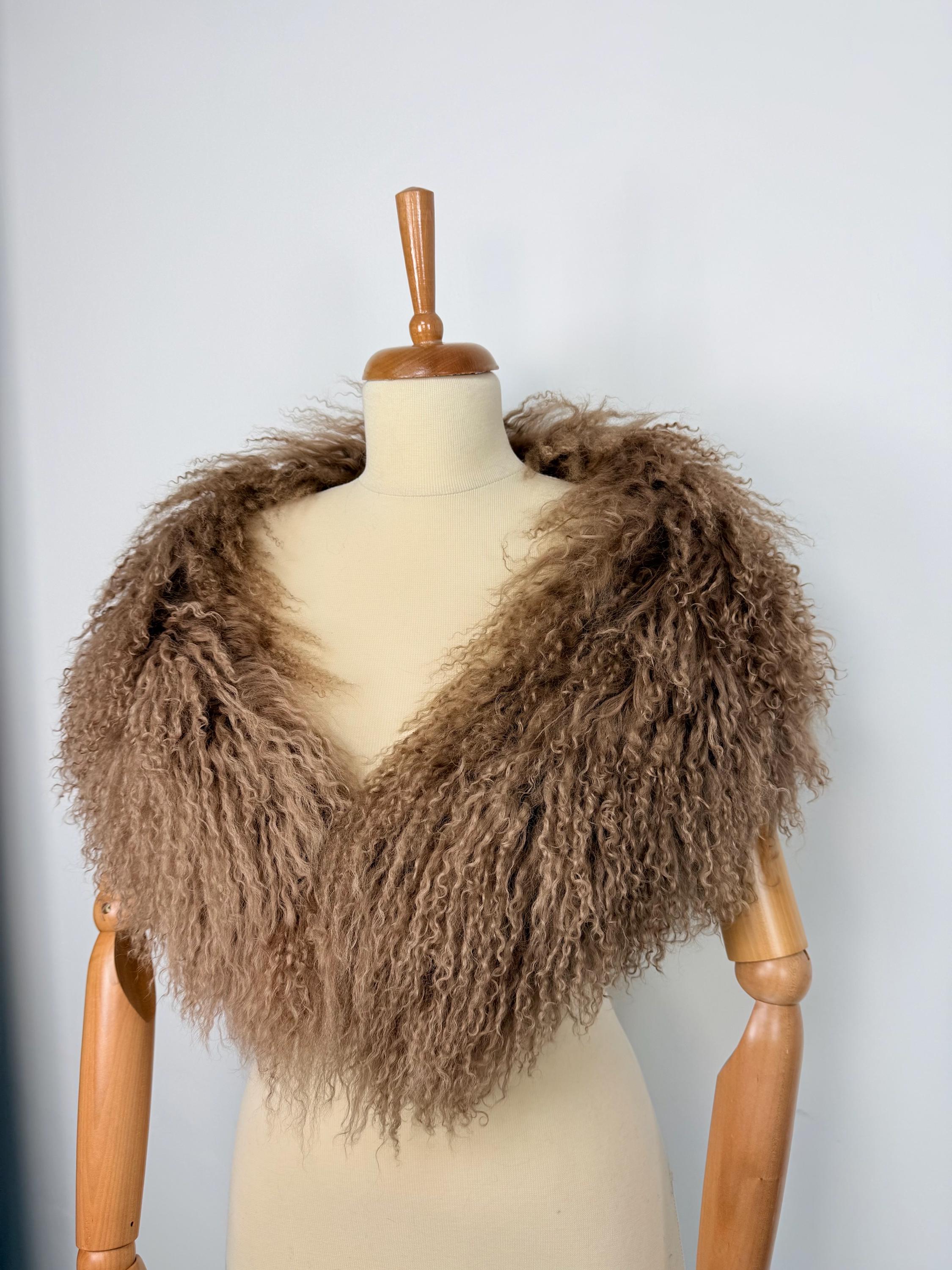 Brown Mongolian Sheepskin Fur Extra Long Size Collar: Luxury Fur Stole Shawl