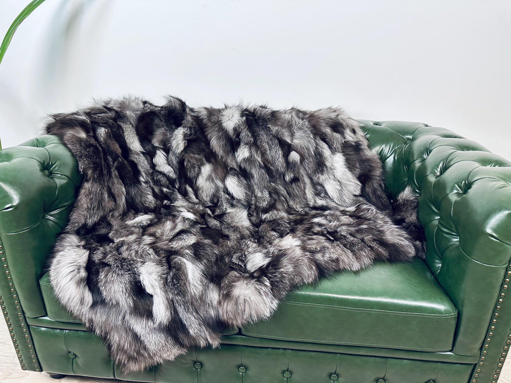 Luxury Silver Fox Fur Blanket: Handmade Real Fur Throw