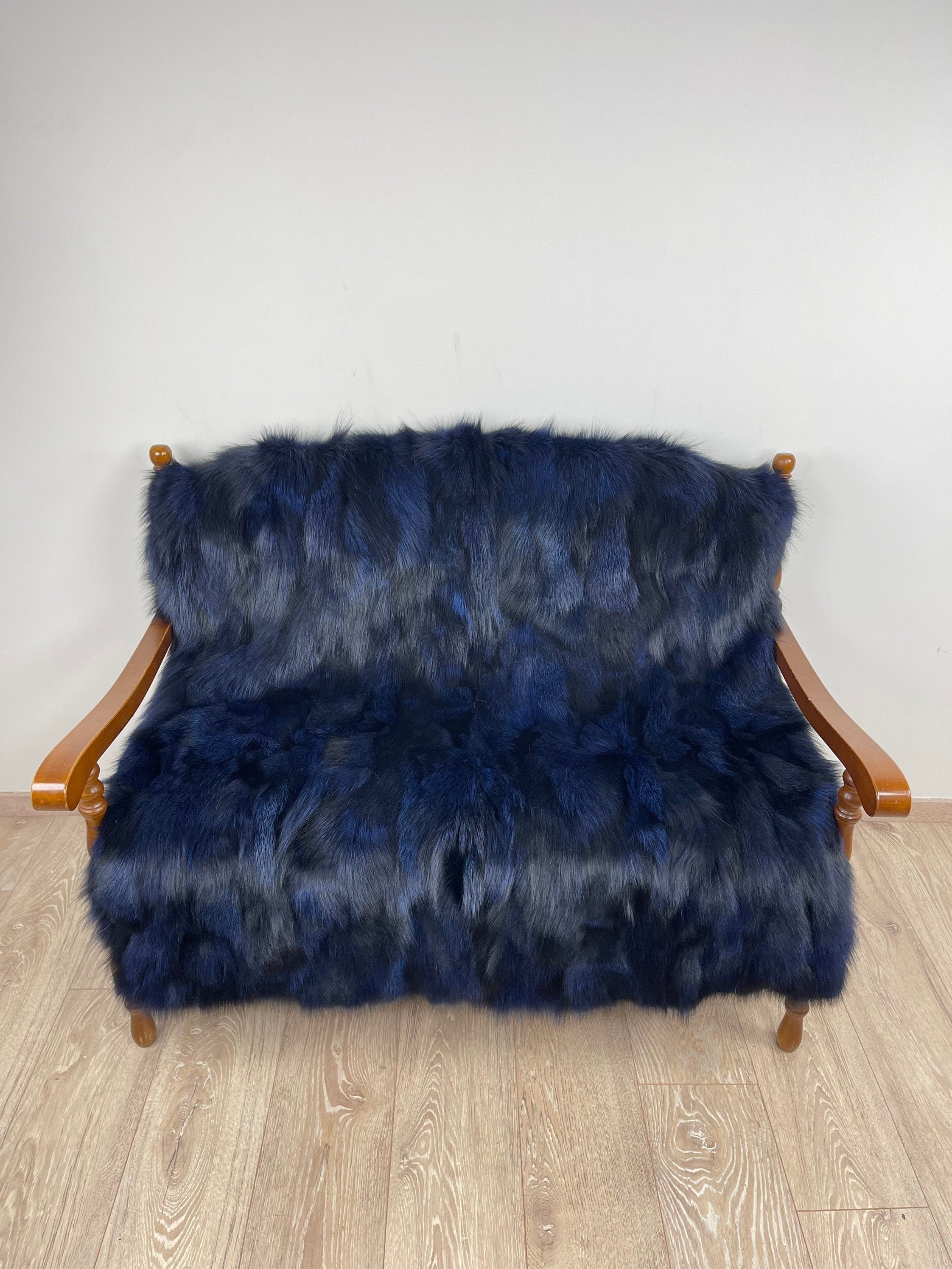 Premium Blue Fox Fur Blanket, Handmade Throw, Real Fur