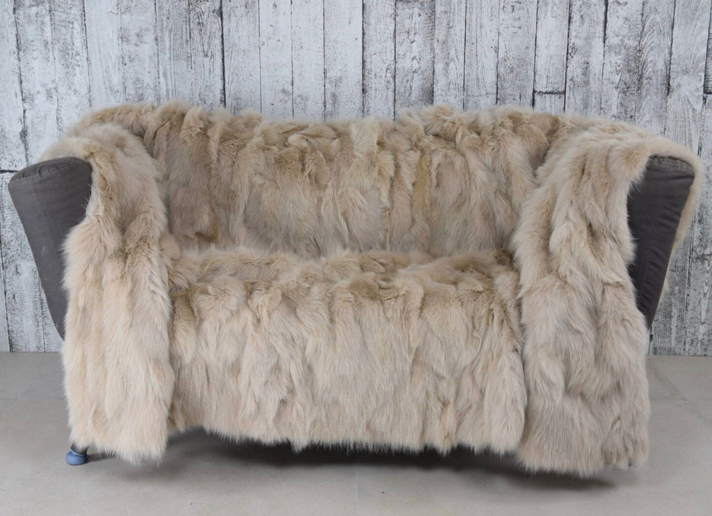 Beige Fox Fur Blanket: Luxury Warm Fur Throw Bedspread