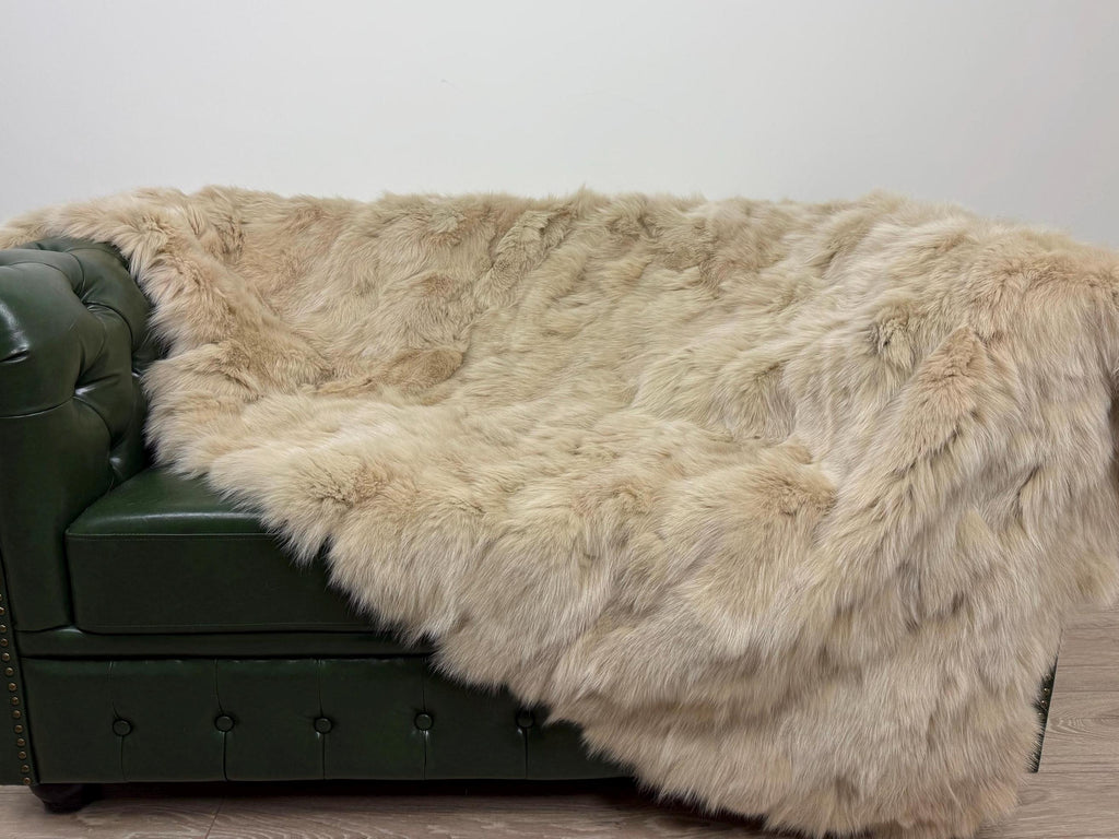Luxury Beige Fox Fur Blanket: Handmade Fluffy Bedspread, Sofa Throw