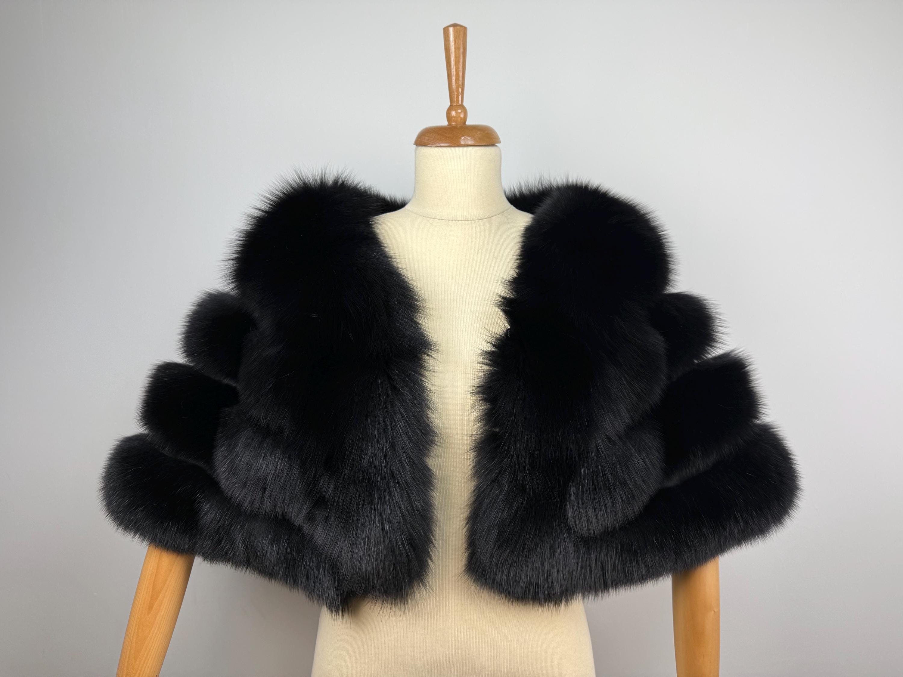 Black Fox Fur Stole – Real Fur Formal Shawl, Handmade in Greece