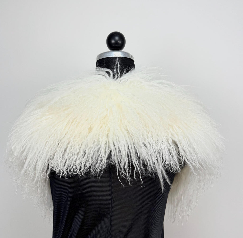 White Mongolian Sheepskin Fur Extra Long Size Collar: Luxury Bridal Fur Stole Shawl