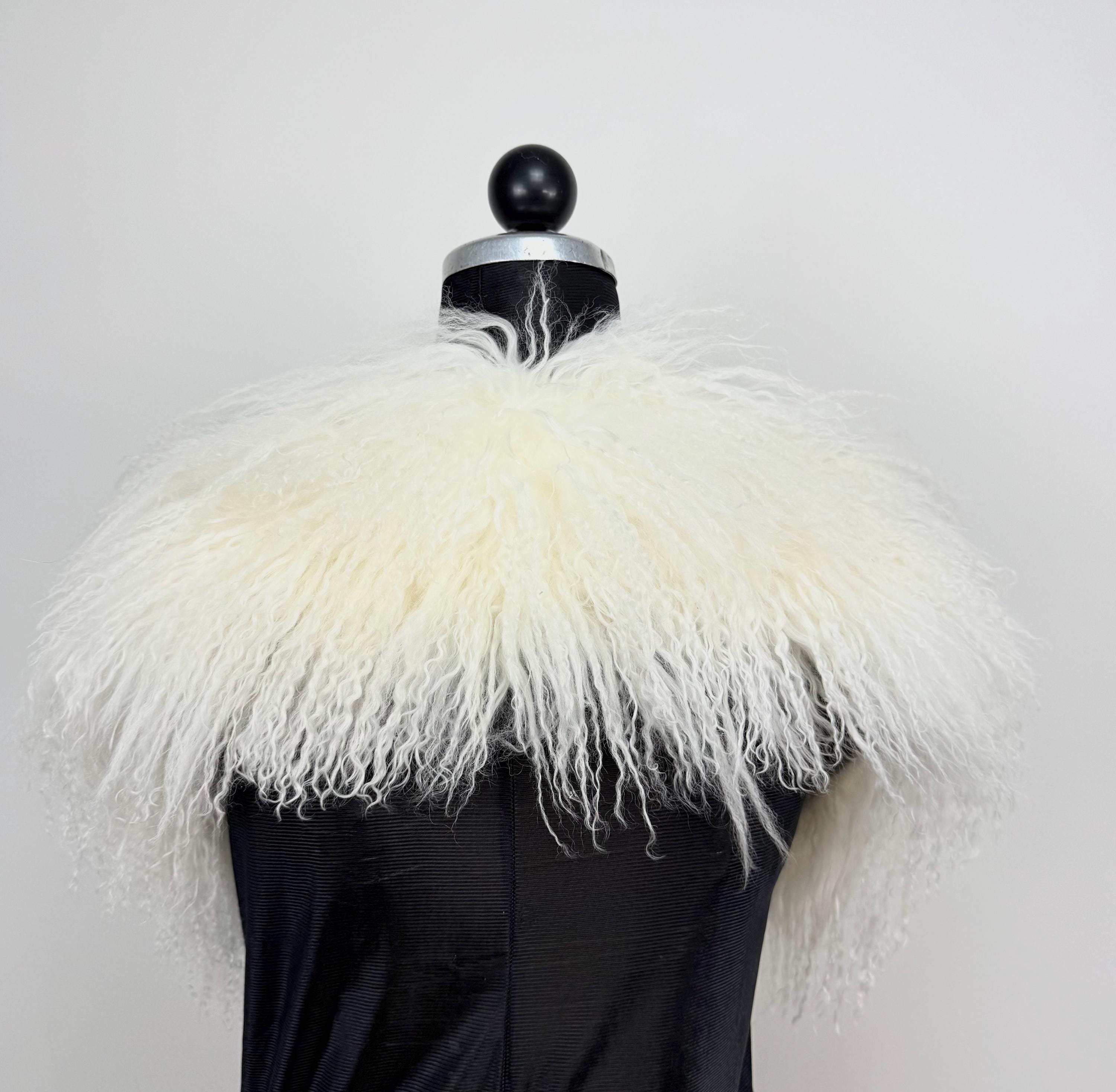 White Mongolian Sheepskin Fur Extra Long Size Collar: Luxury Bridal Fur Stole Shawl
