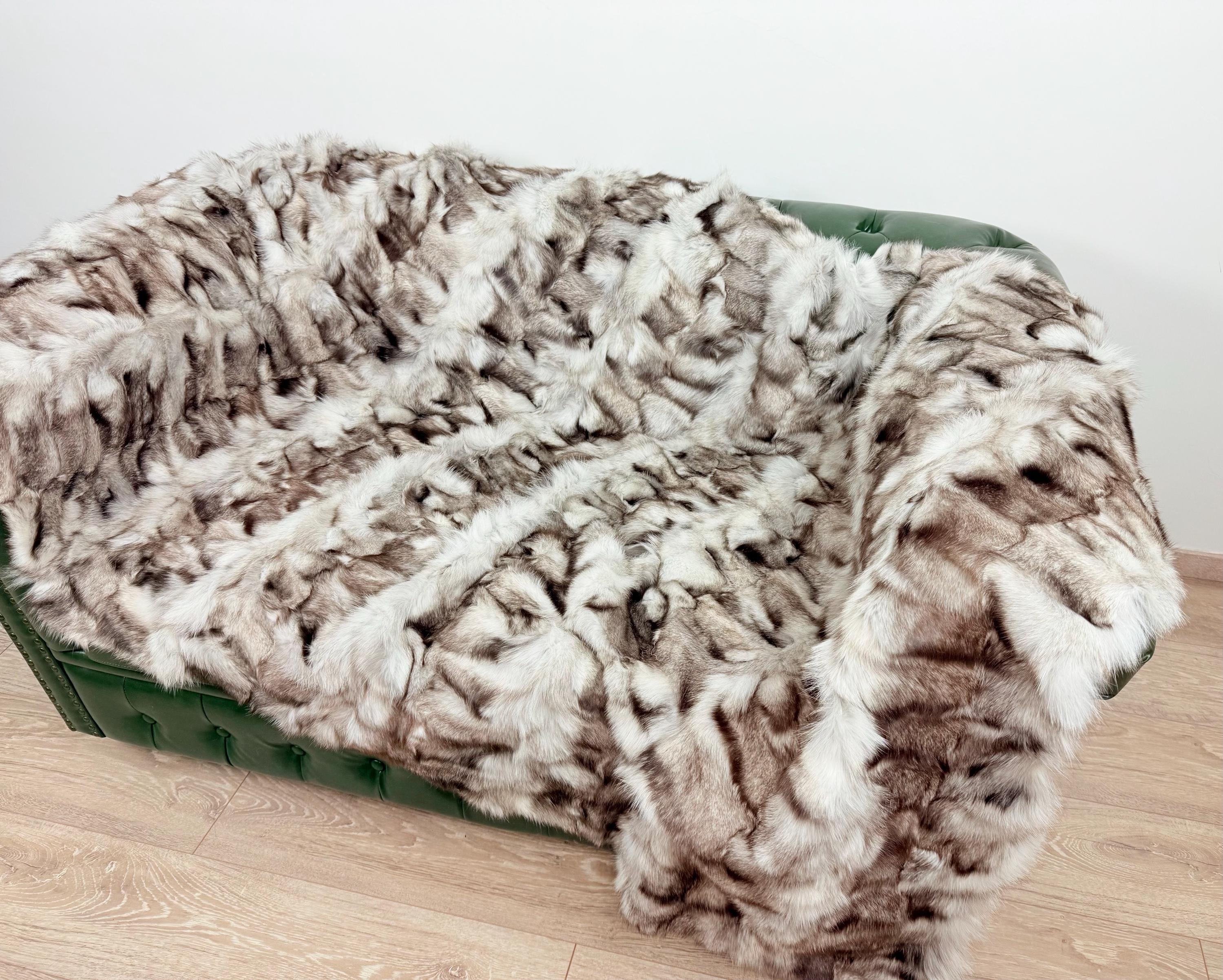 Luxury Frost Fox Fur Blanket: Handmade Fur Throw, Elegant Home Decor