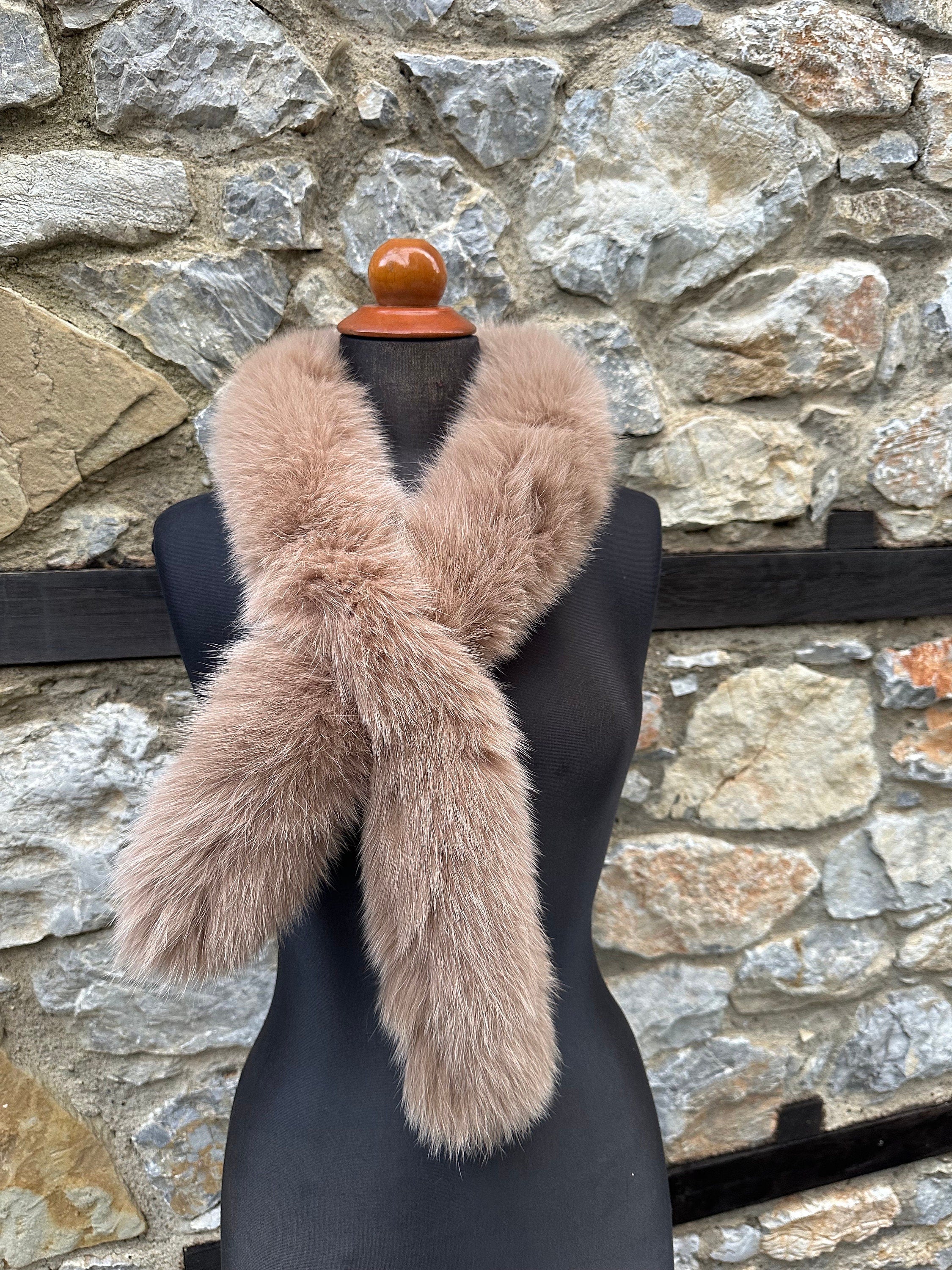 Beige Fox Fur Scarf – Real Fur Scarf, Handmade in Greece, Luxury Winter Scarf