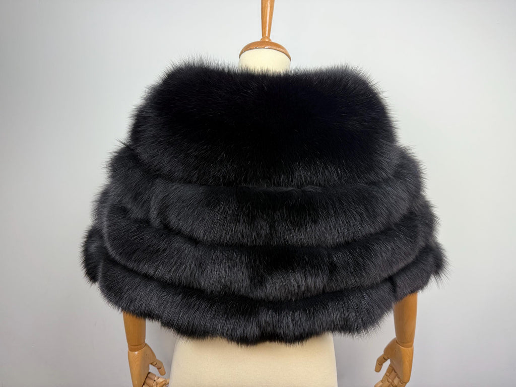 Black Fox Fur Stole – Real Fur Formal Shawl, Handmade in Greece