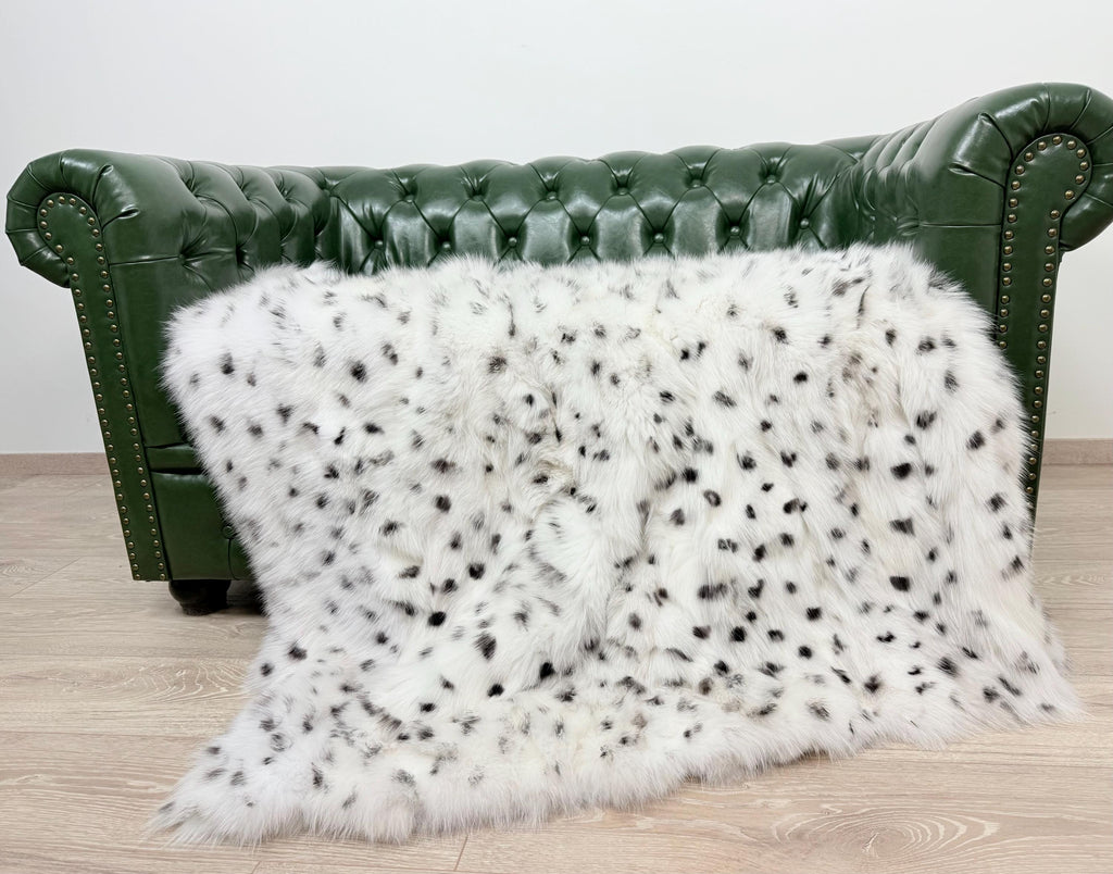 Luxury White Spotted Fox Fur Throw: Handmade Real Fur Blanket