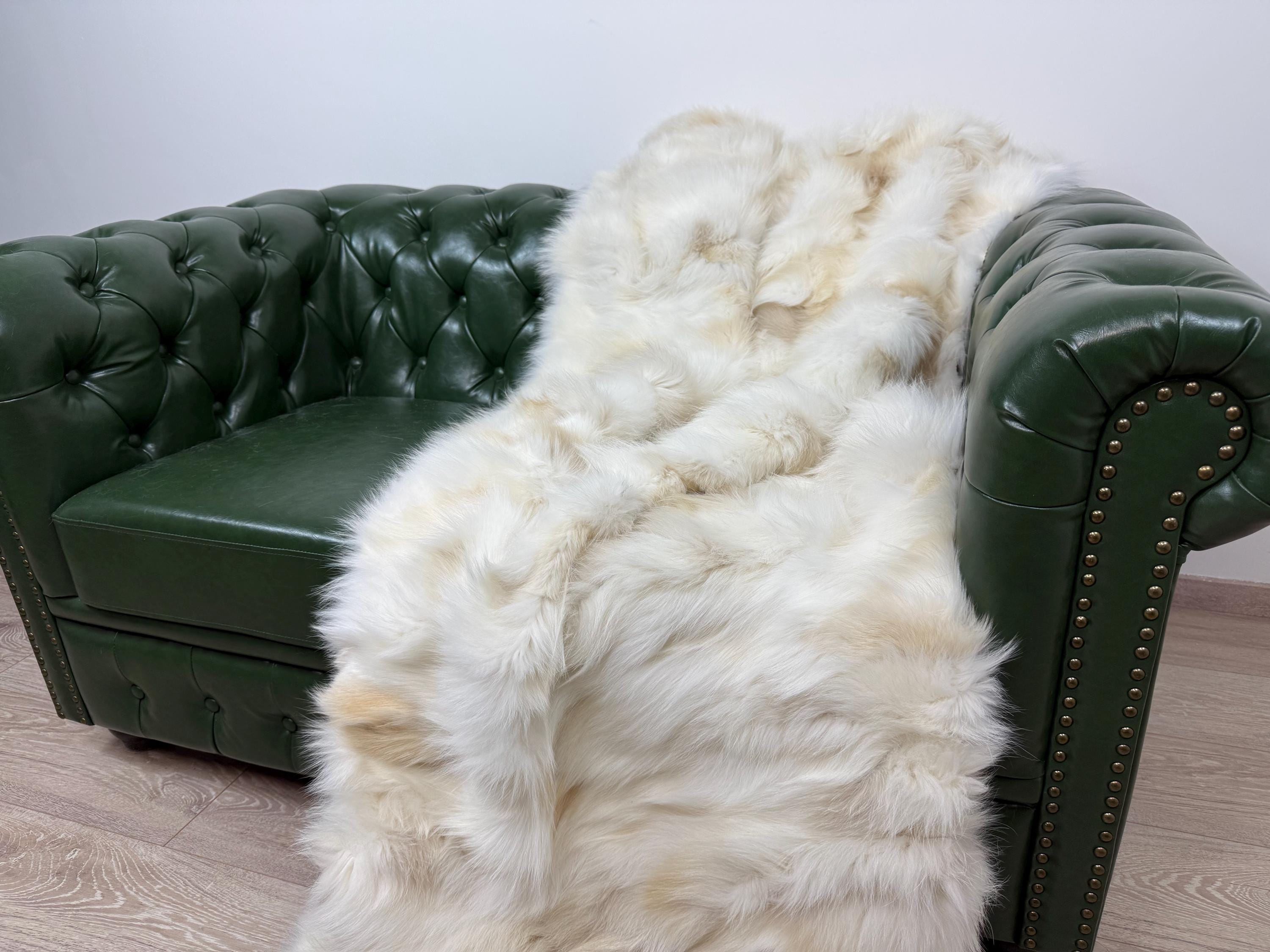 Luxury Real Cream Fox Fur Blanket Throw, Fluffy Genuine Fur Bedspread Bedding
