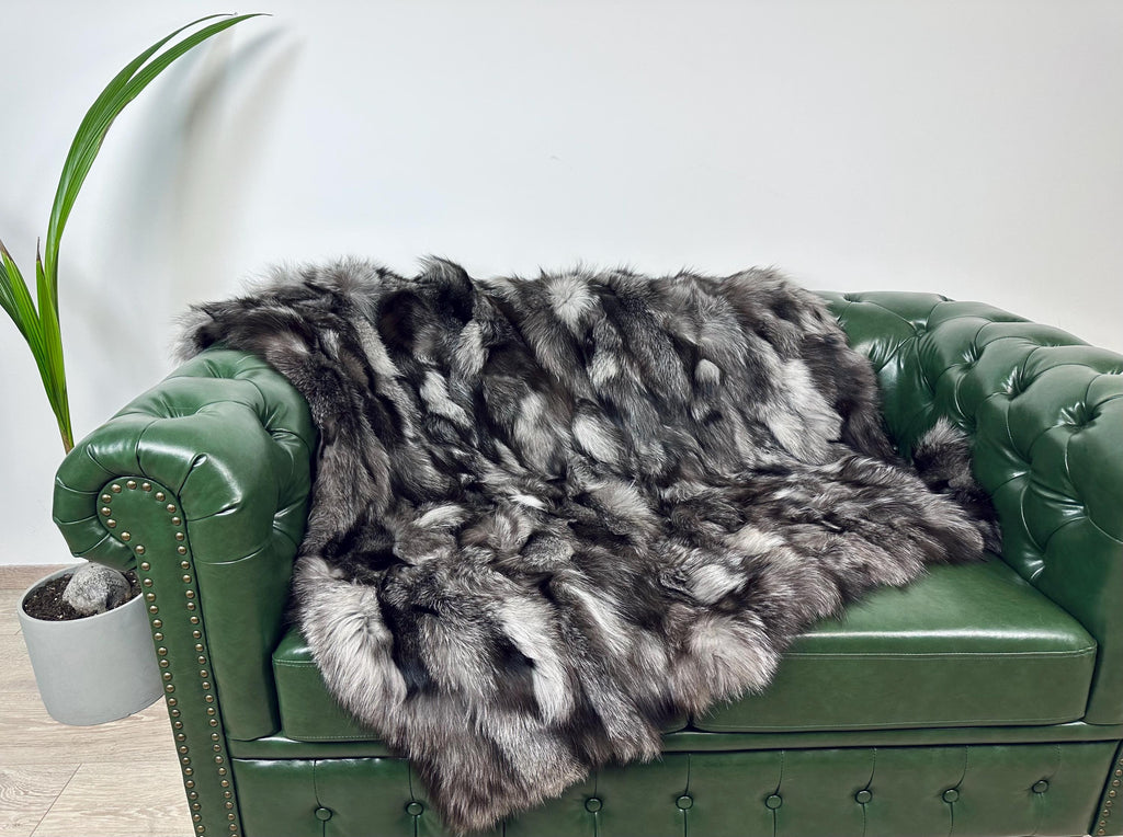 Luxury Silver Fox Fur Blanket: Handmade Real Fur Throw