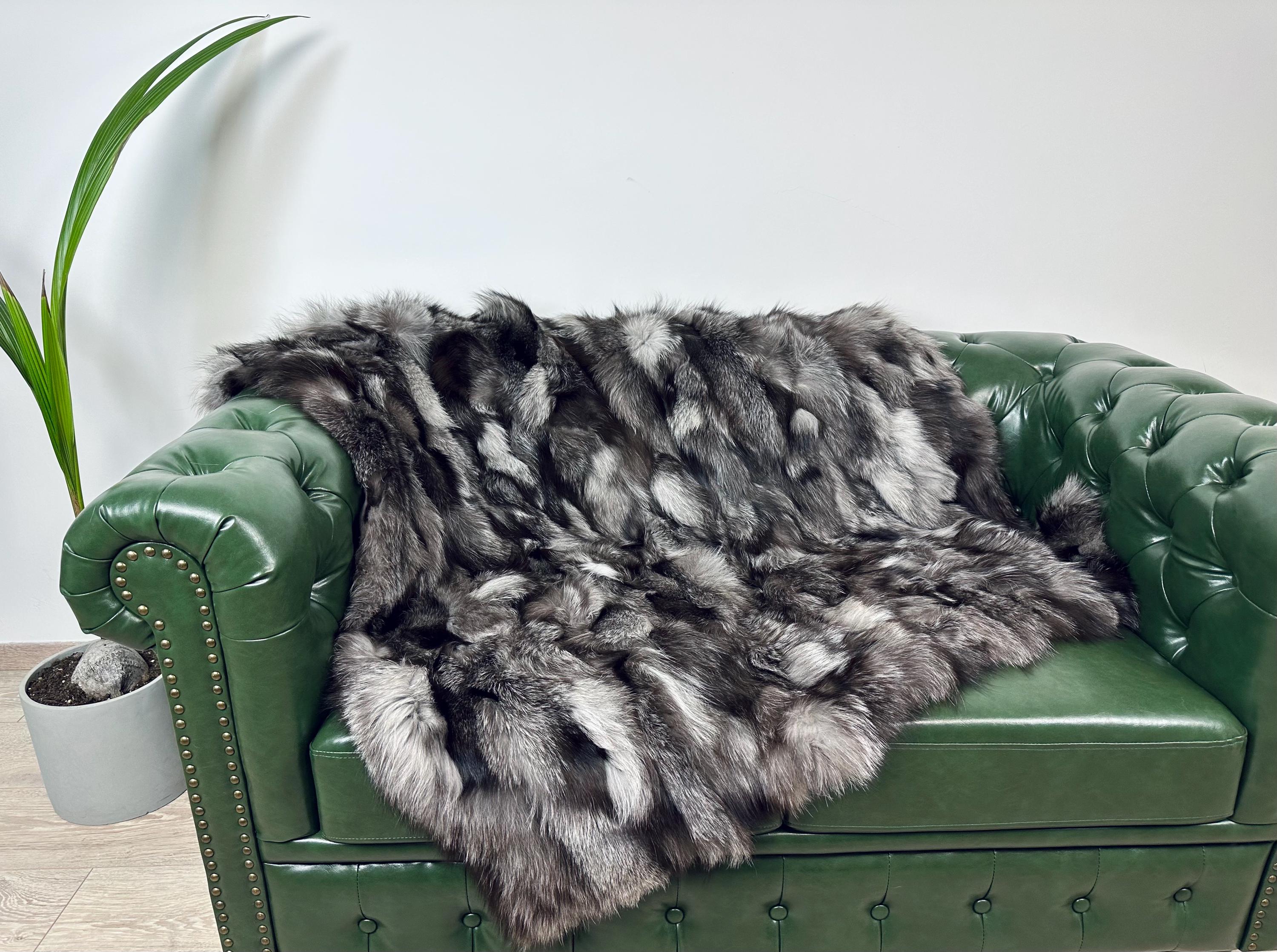 Luxury Silver Fox Fur Blanket: Handmade Real Fur Throw