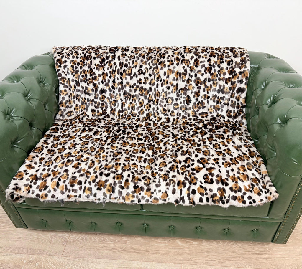 Luxury Fox Fur Blanket: White Leopard Print Throw, Handmade