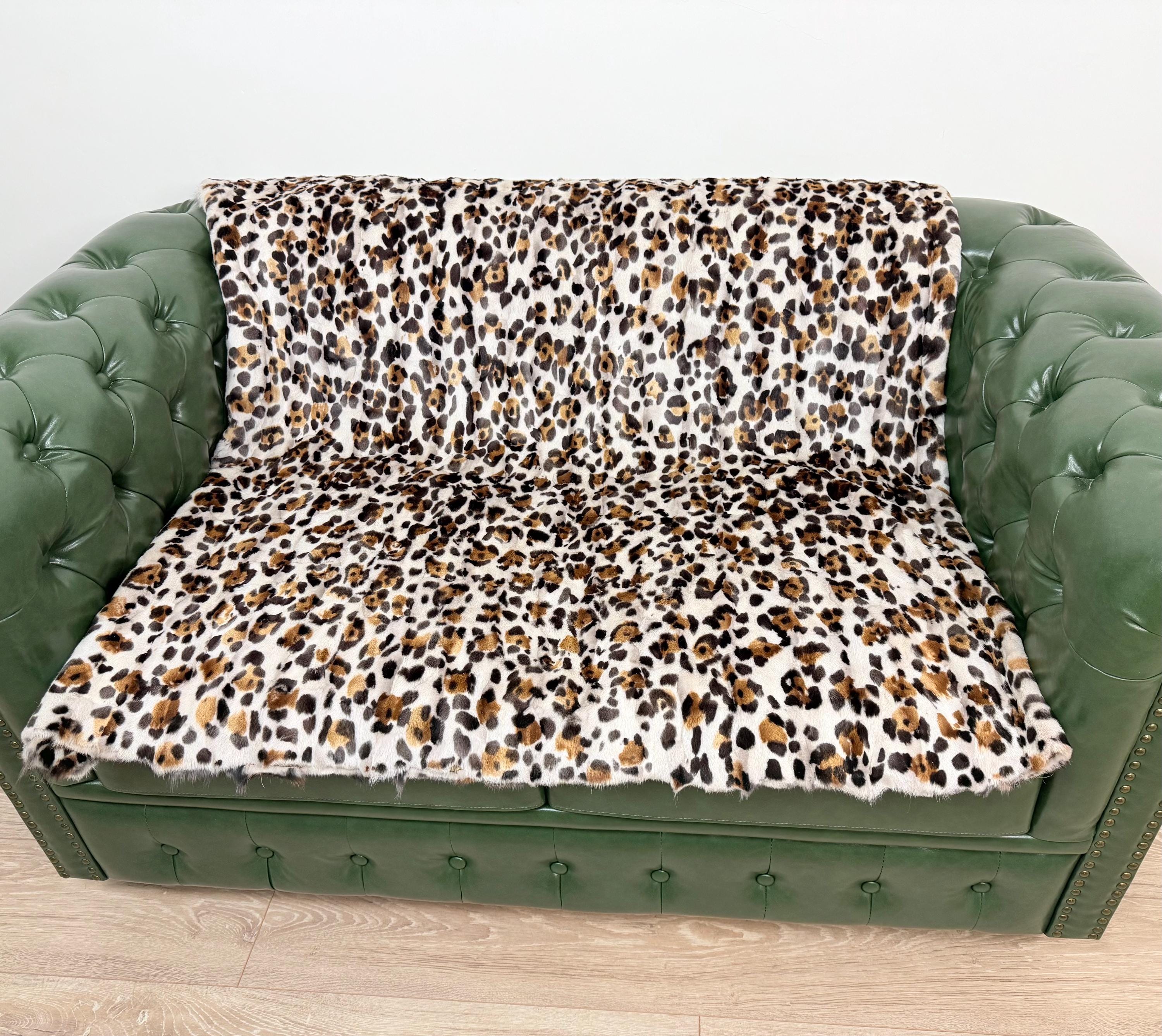 Luxury Fox Fur Blanket: White Leopard Print Throw, Handmade