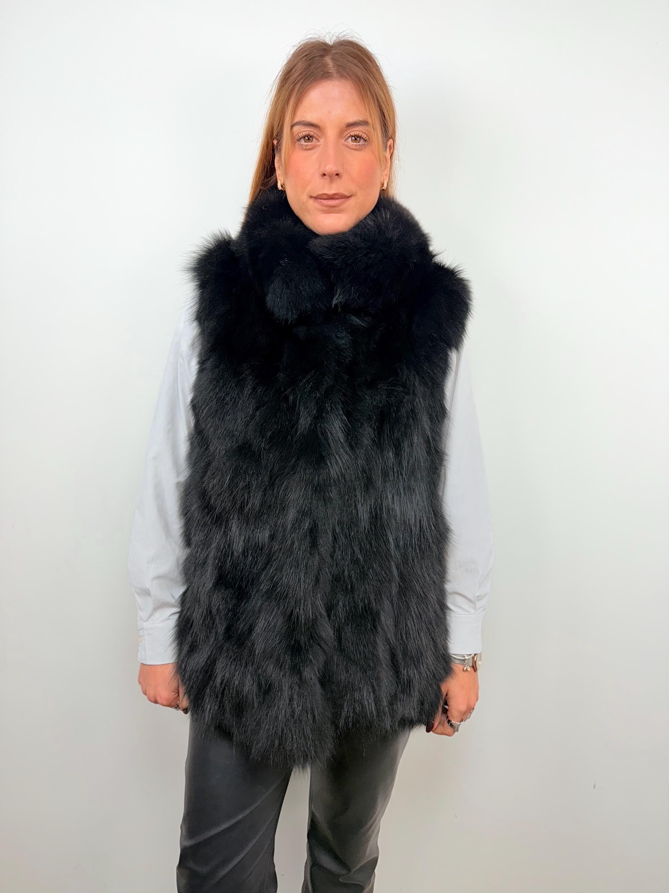 Elegant Black Fox Fur Vest: Genuine Fur Jacket