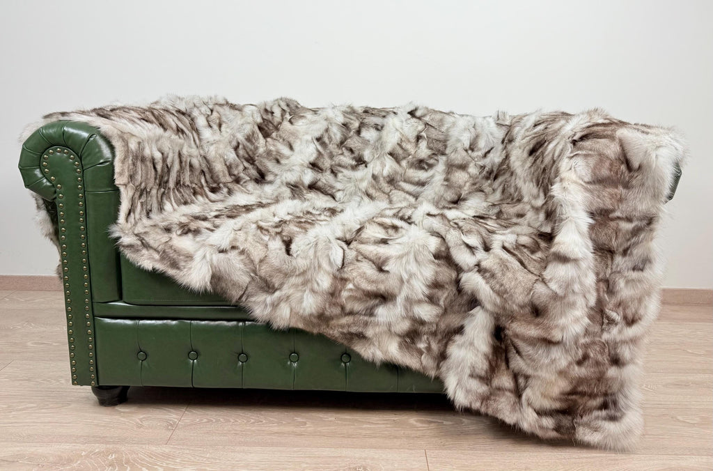 Luxury Frost Fox Fur Blanket: Handmade Fur Throw, Elegant Home Decor