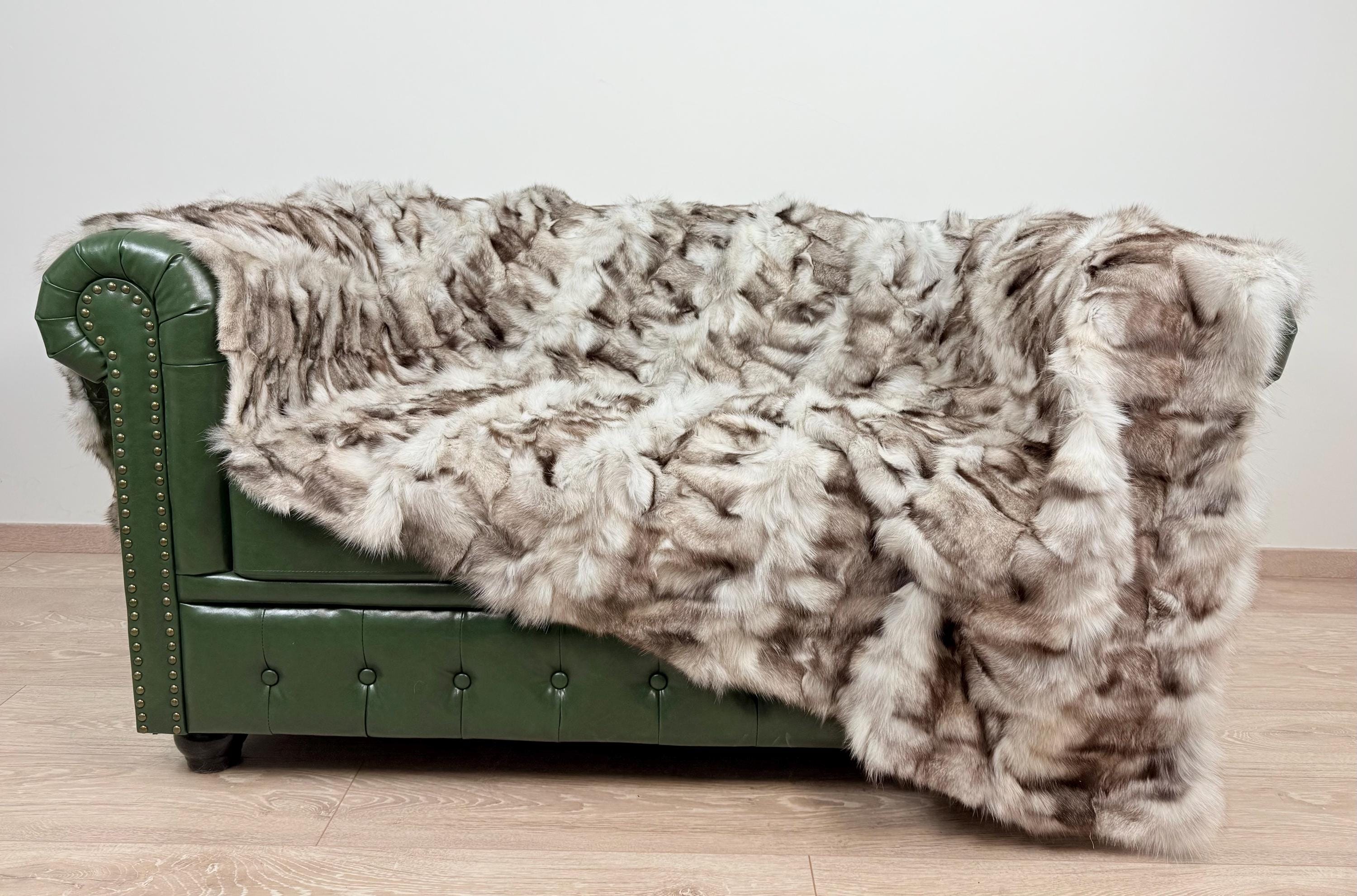Luxury Frost Fox Fur Blanket: Handmade Fur Throw, Elegant Home Decor