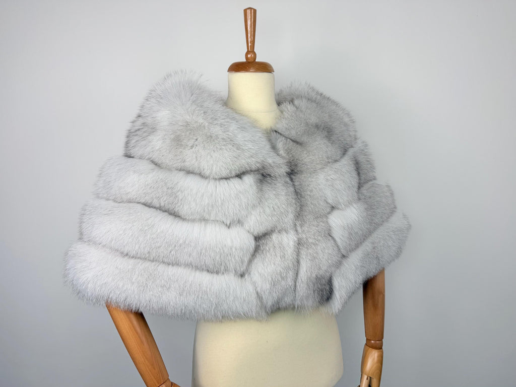 Luxury Blue Fox Fur Stole: Real Ice White Fur Bridal Shawl