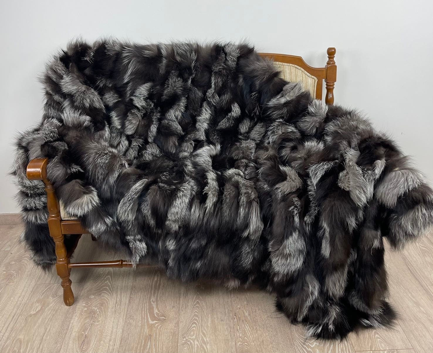 Silver Fox Fur Blanket – Real Fur Throw, Handmade in Greece, Luxury Fur Blanket
