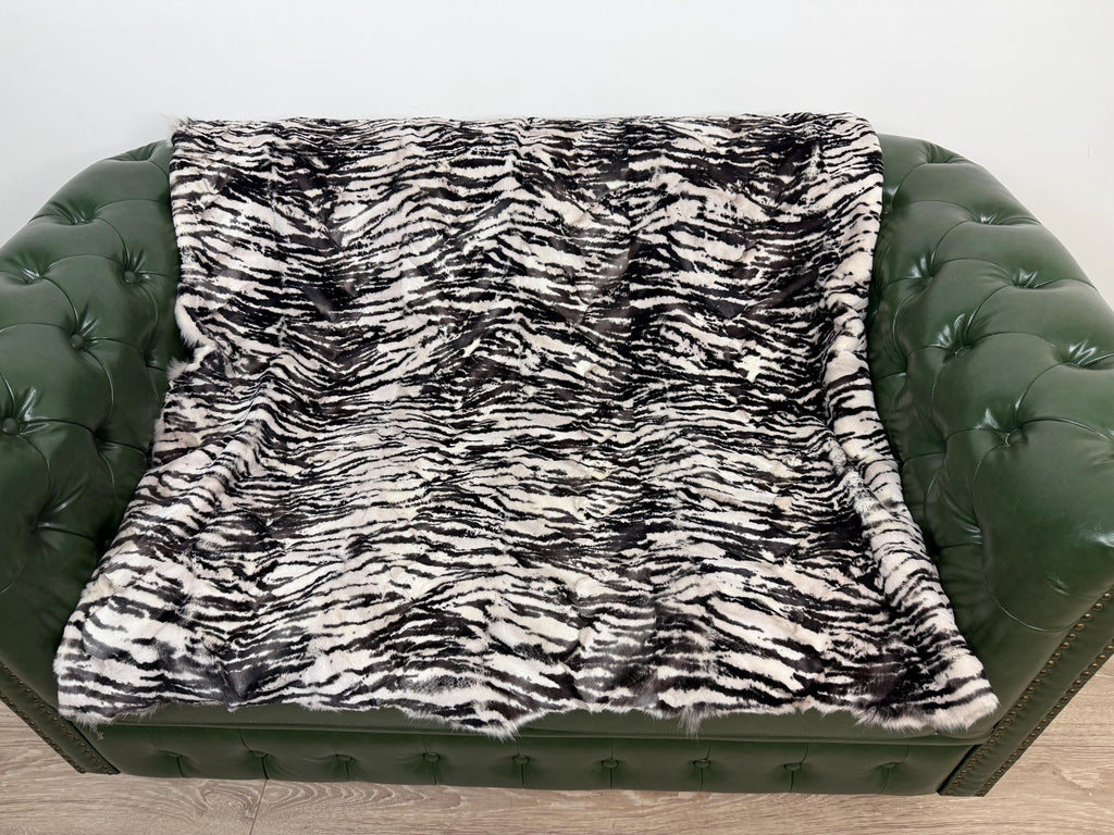Luxury Fox Fur Throw: White Zebra Print, Handmade Exotic Home Decor
